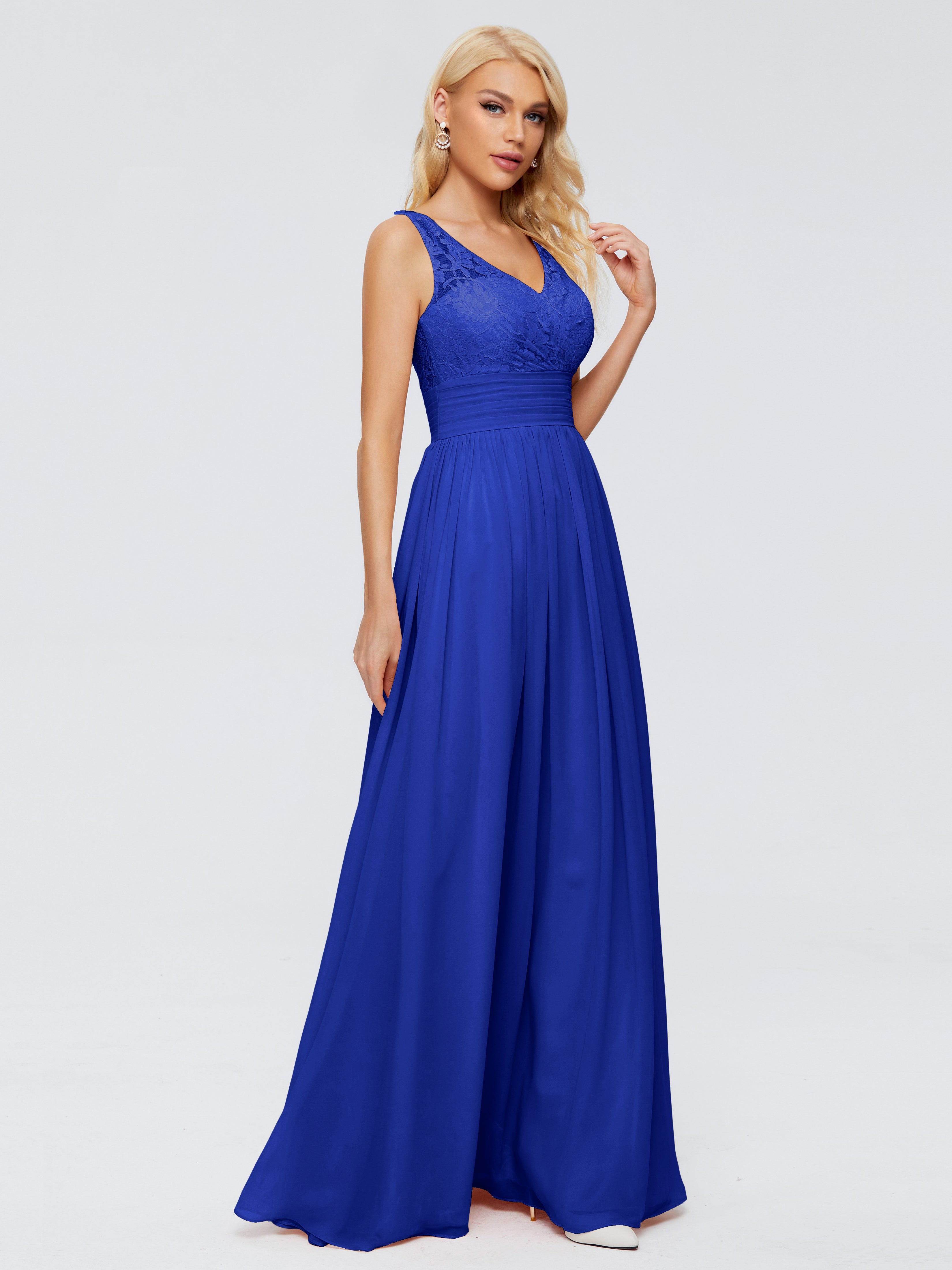 Demoiselle Dhonneur Robe Longue Bleu Roi Trapèze Col V Bretelle Mousseline Robes Demoiselle D'Honneur