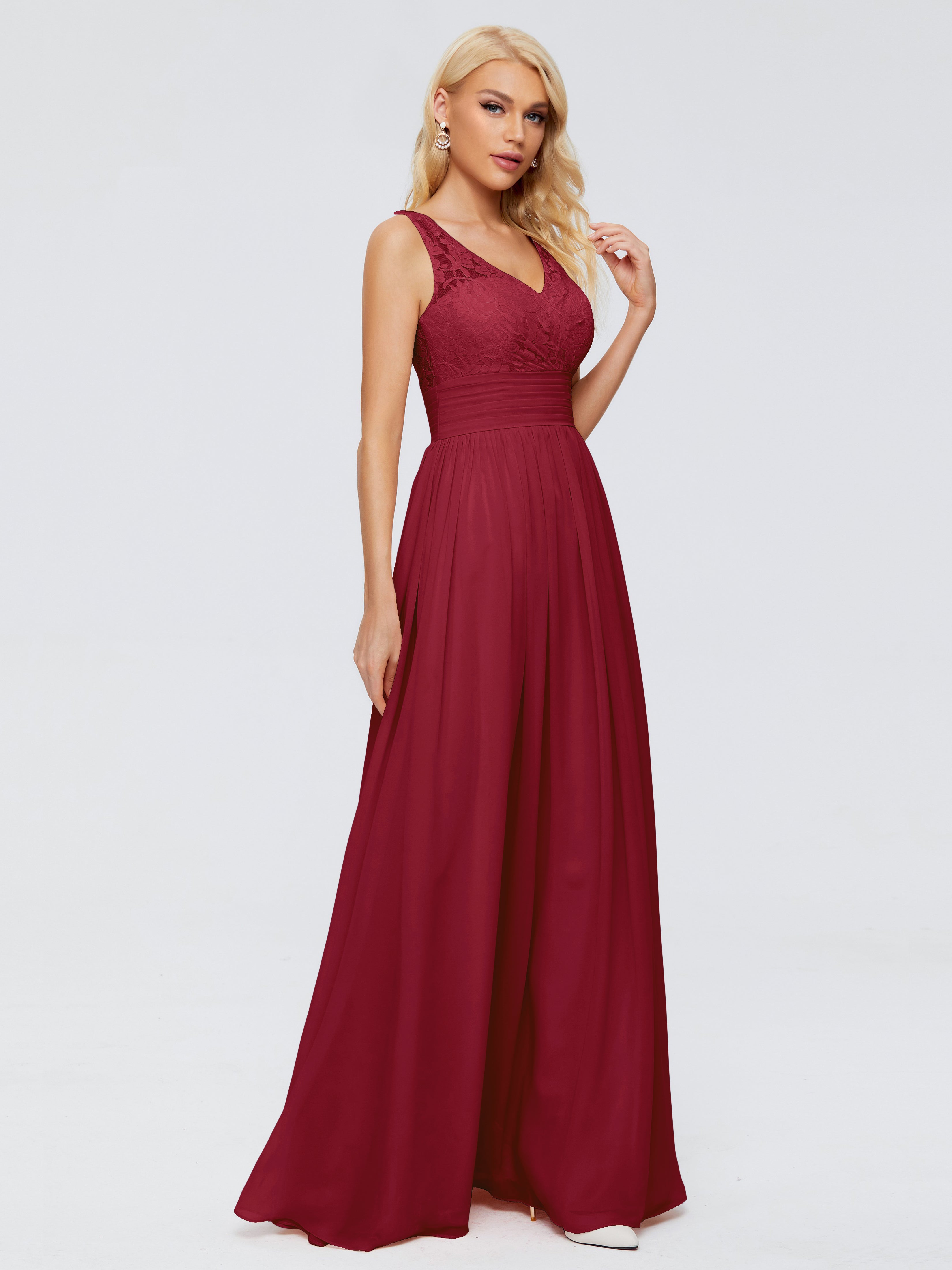 Robe Longue Bordeaux Demoiselle D Honneur Trapèze Col V Bretelle Mousseline Robes Demoiselle D'Honneur