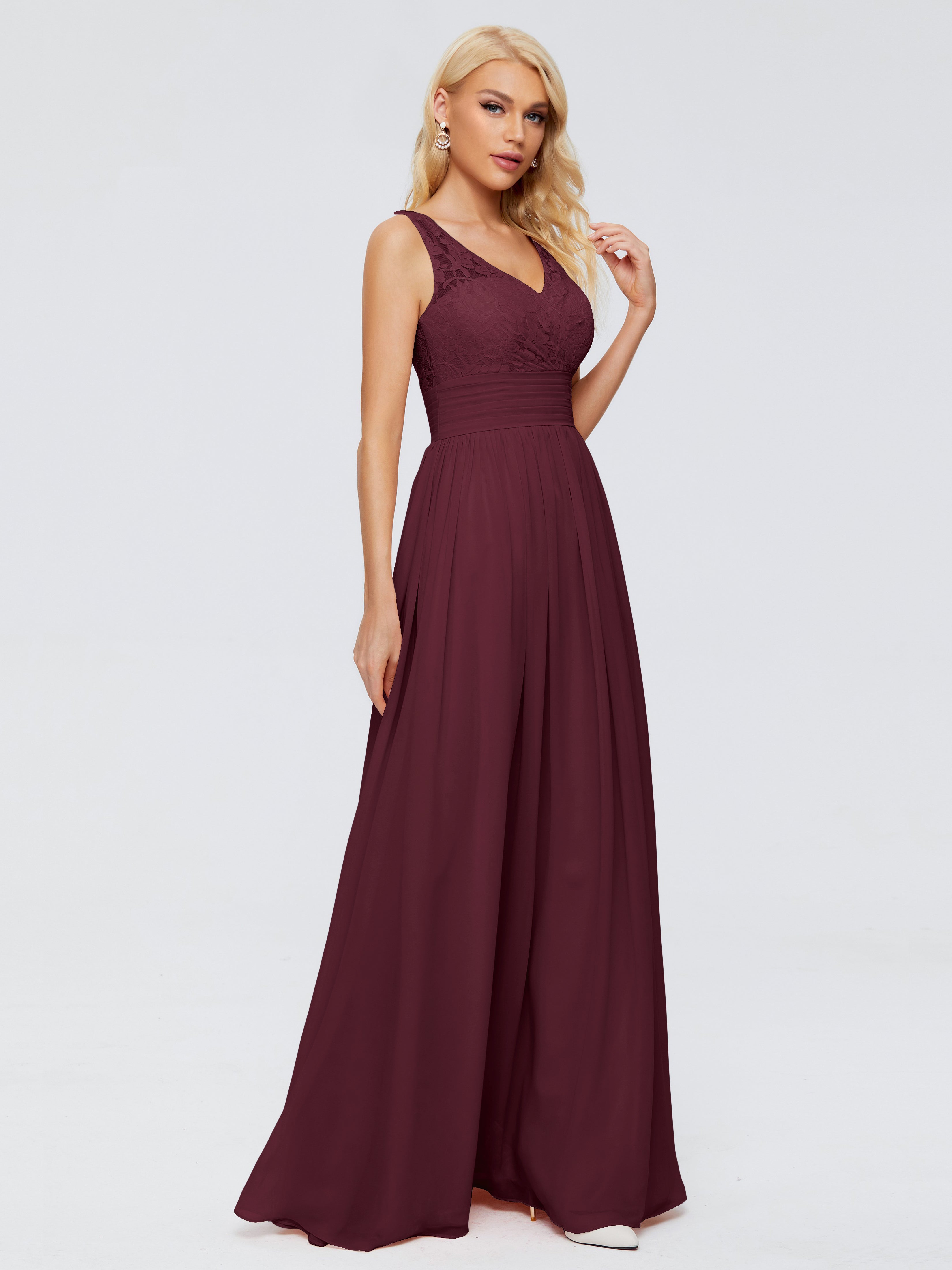 Robes De Demoiselle D'Honneur Cabernet Trapèze Sans Manches Col V Bretelle Mousseline Robes Demoiselle D'Honneur