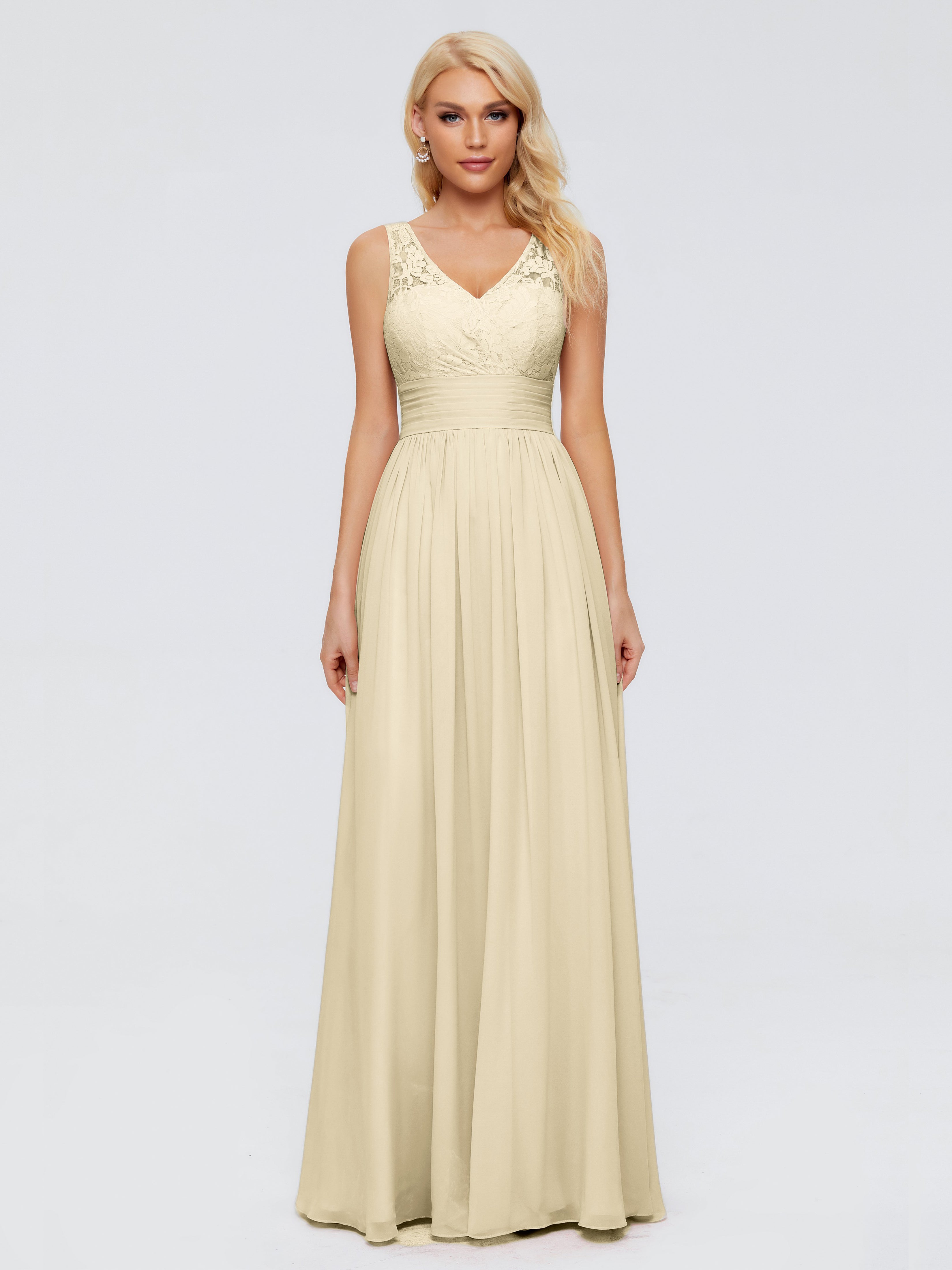 Robes De Demoiselle D'Honneur Couleur Champagne Trapèze Col V Bretelle Mousseline Robes Demoiselle D'Honneur