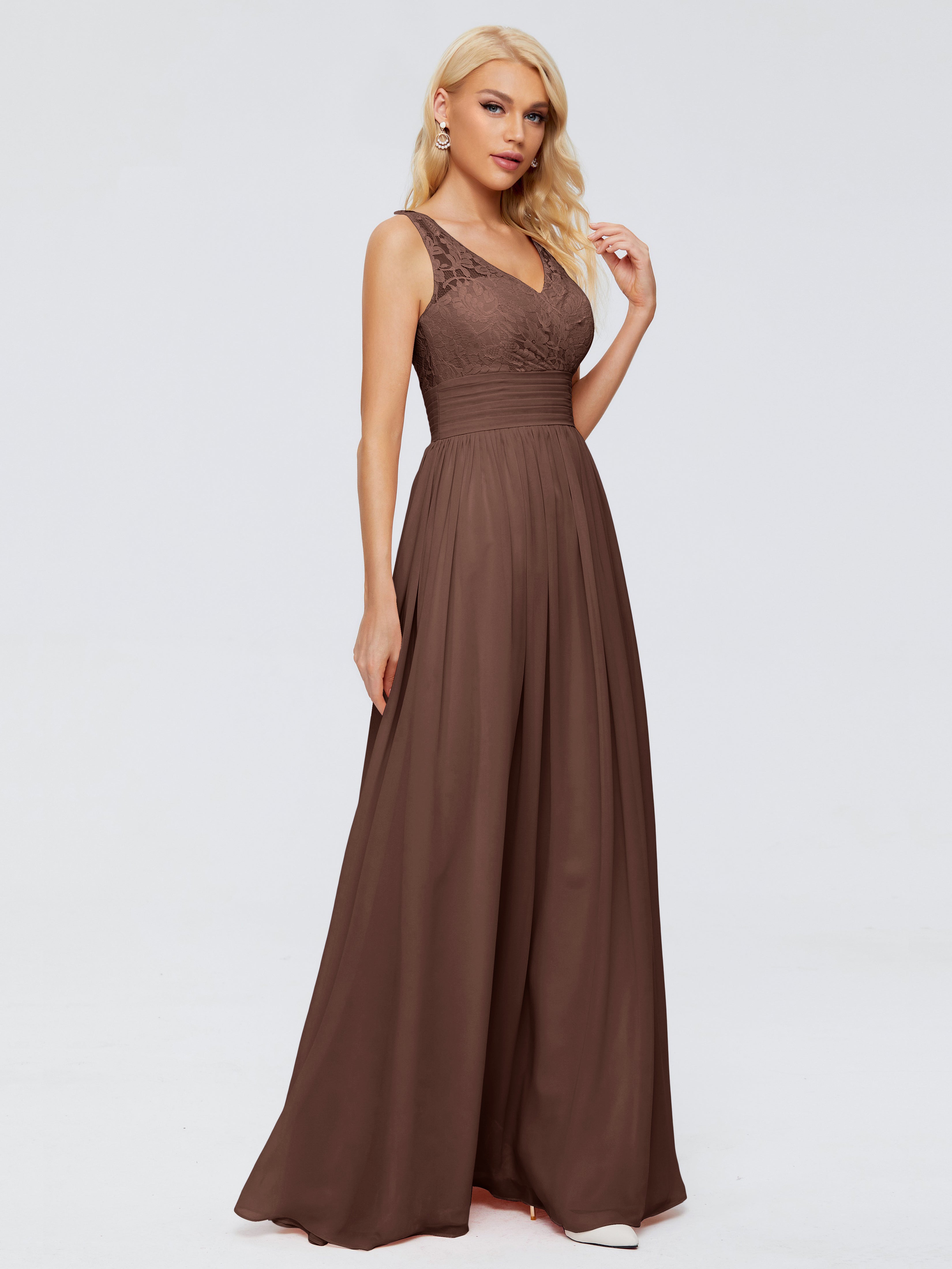 Robe Marron Chocolat Demoiselle D Honneur Trapèze Col V Bretelle Mousseline Robes Demoiselle D'Honneur