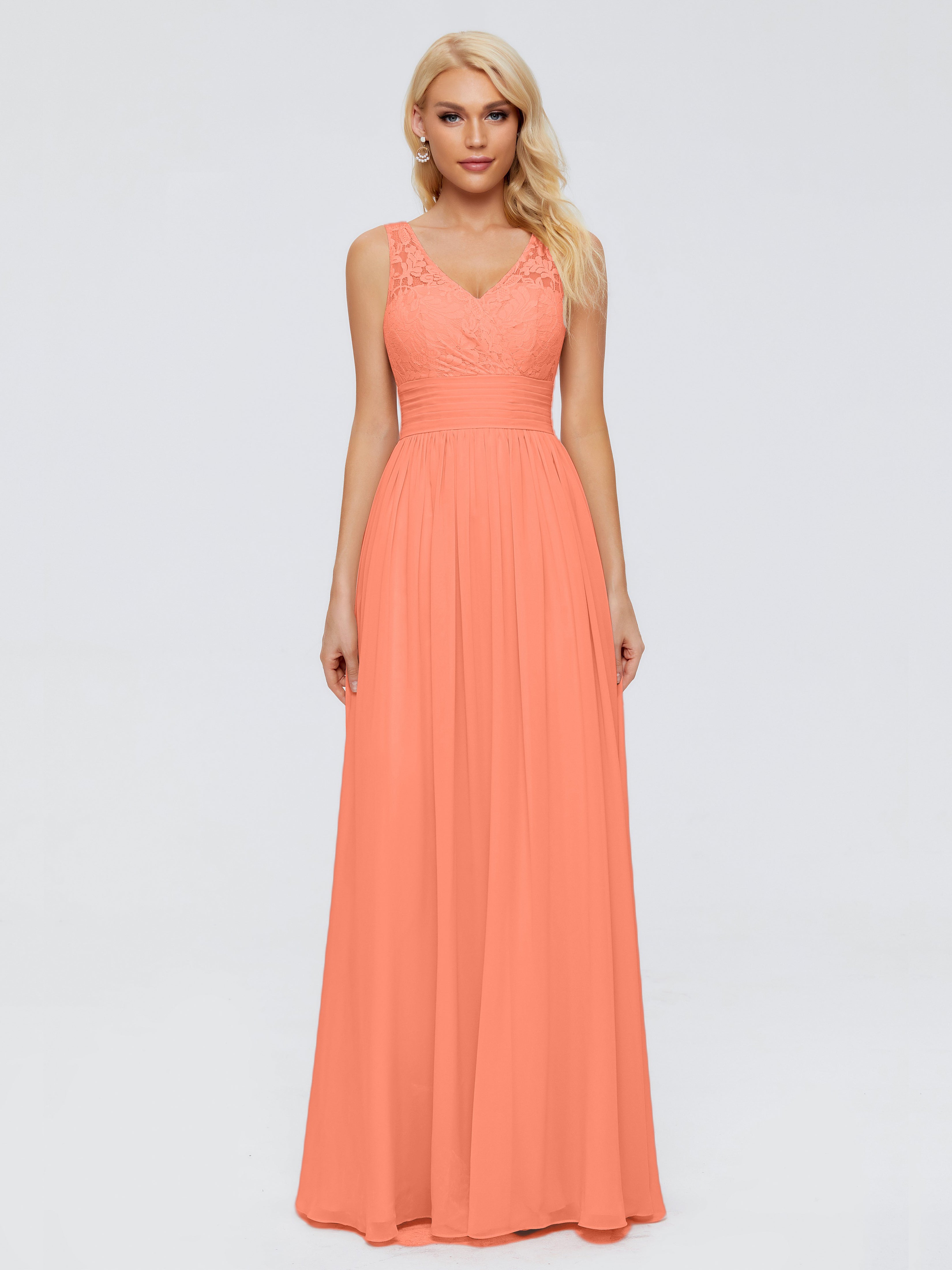 Robes De Demoiselle D'Honneur Coucher De Soleil Trapèze Sans Manches Col V Bretelle Mousseline Robes Demoiselle D'Honneur