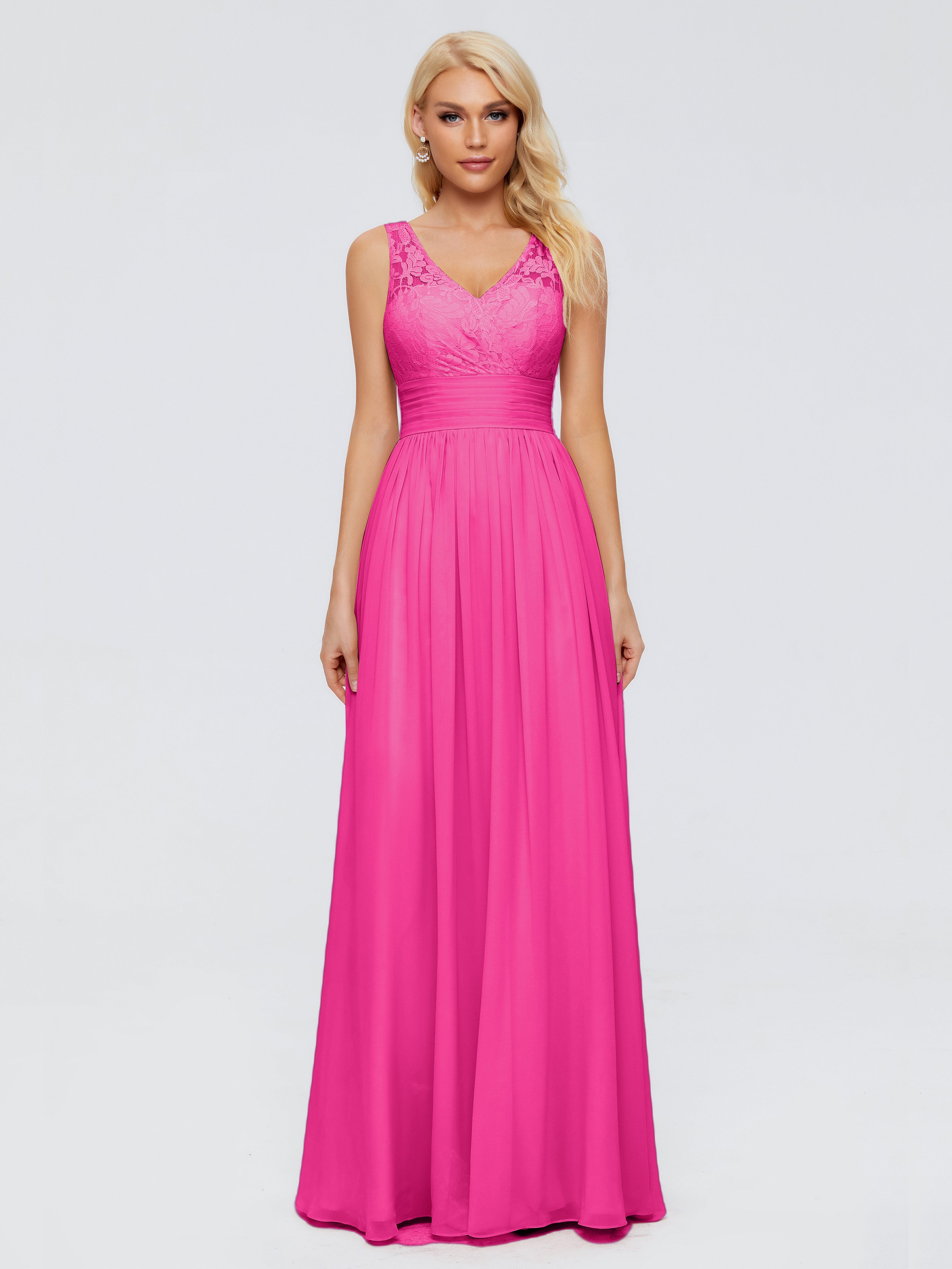 Robe Rose Fuchsia Demoiselle D Honneur Trapèze Sans Manches Col V Bretelle Mousseline Robes Demoiselle D'Honneur