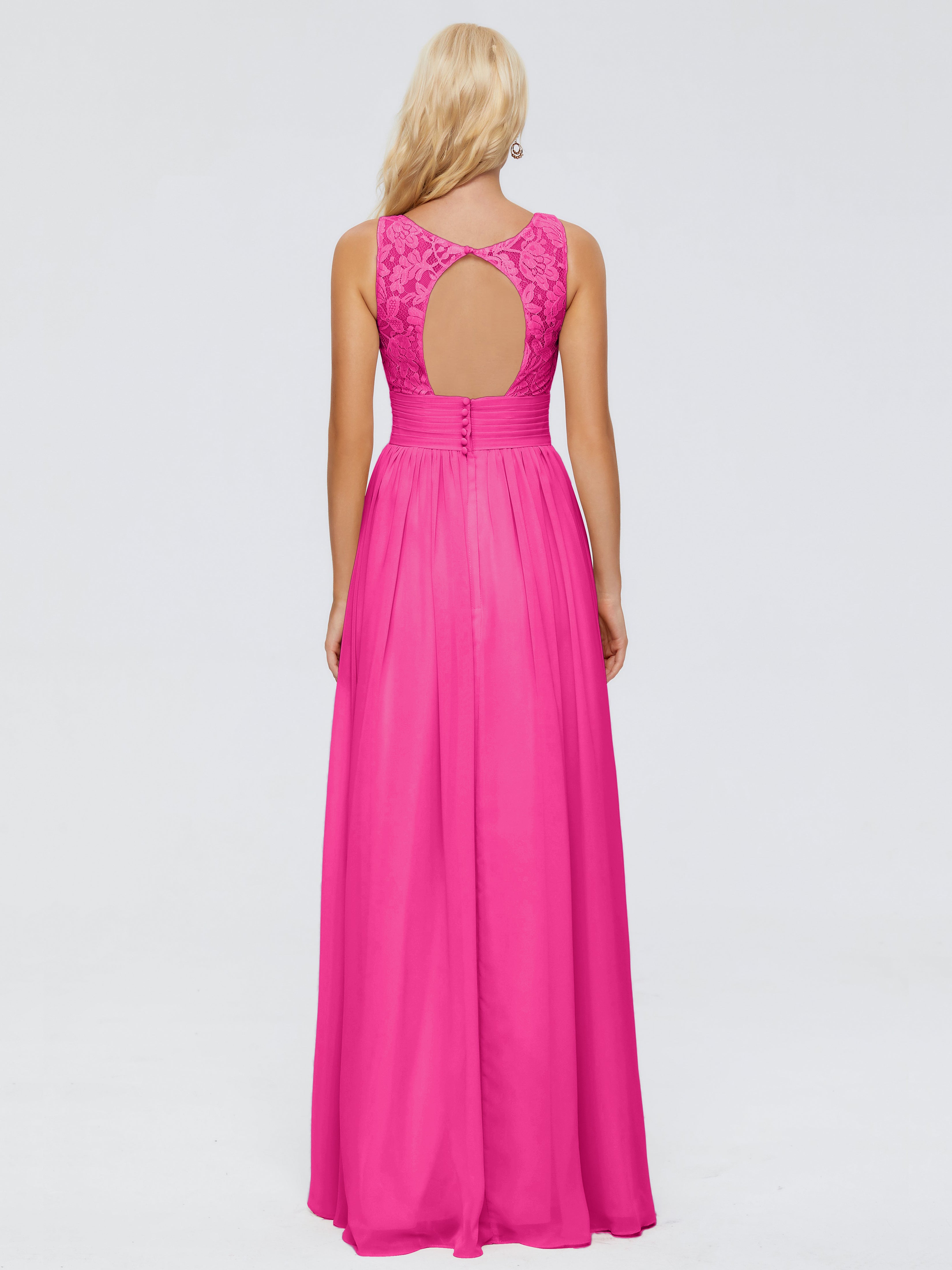 Robe Rose Fuchsia Demoiselle D Honneur Trapèze Sans Manches Col V Bretelle Mousseline Robes Demoiselle D'Honneur