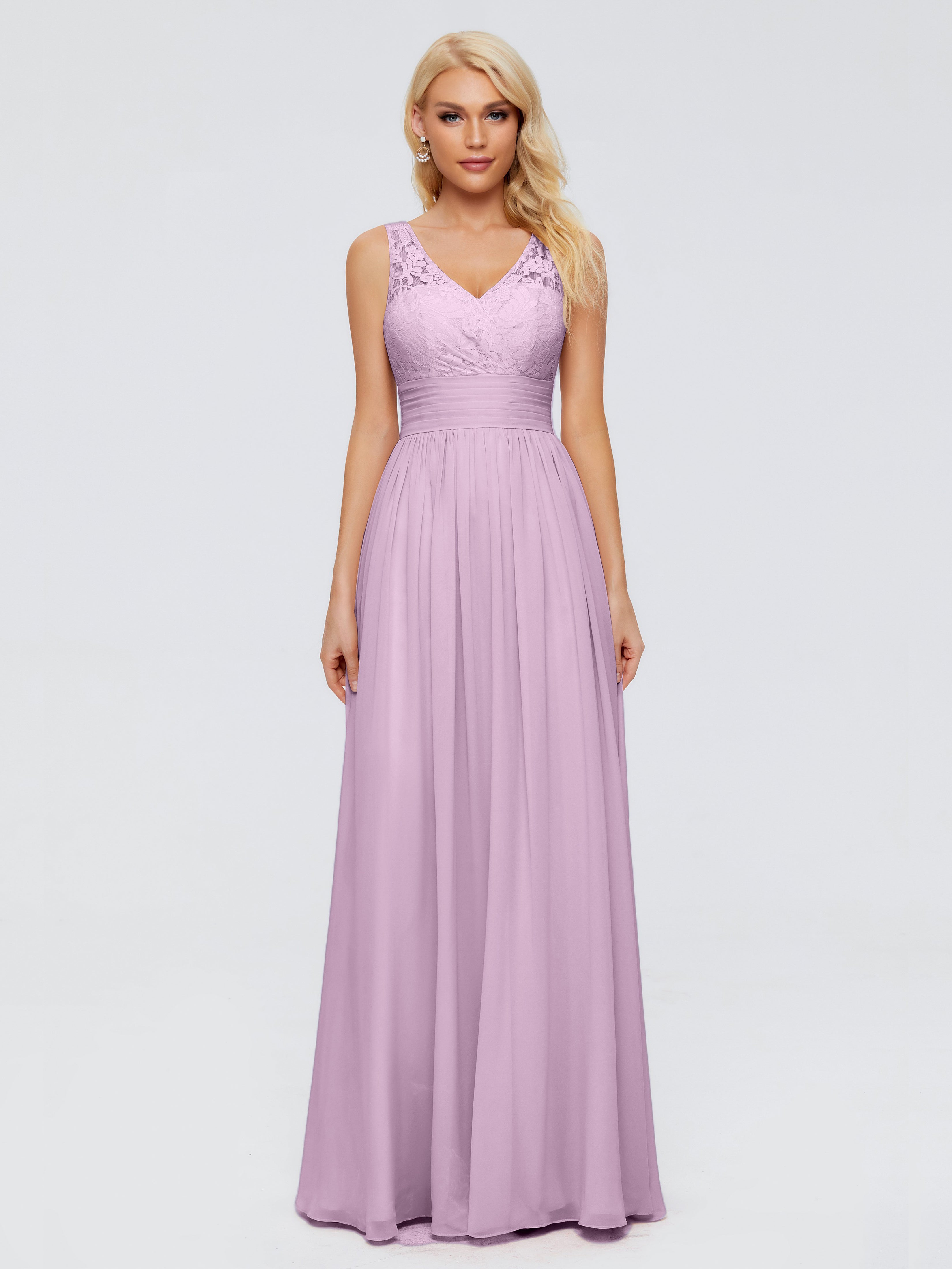 Robes De Demoiselle D'Honneur Glycine Trapèze Sans Manches Col V Bretelle Mousseline Robes Demoiselle D'Honneur