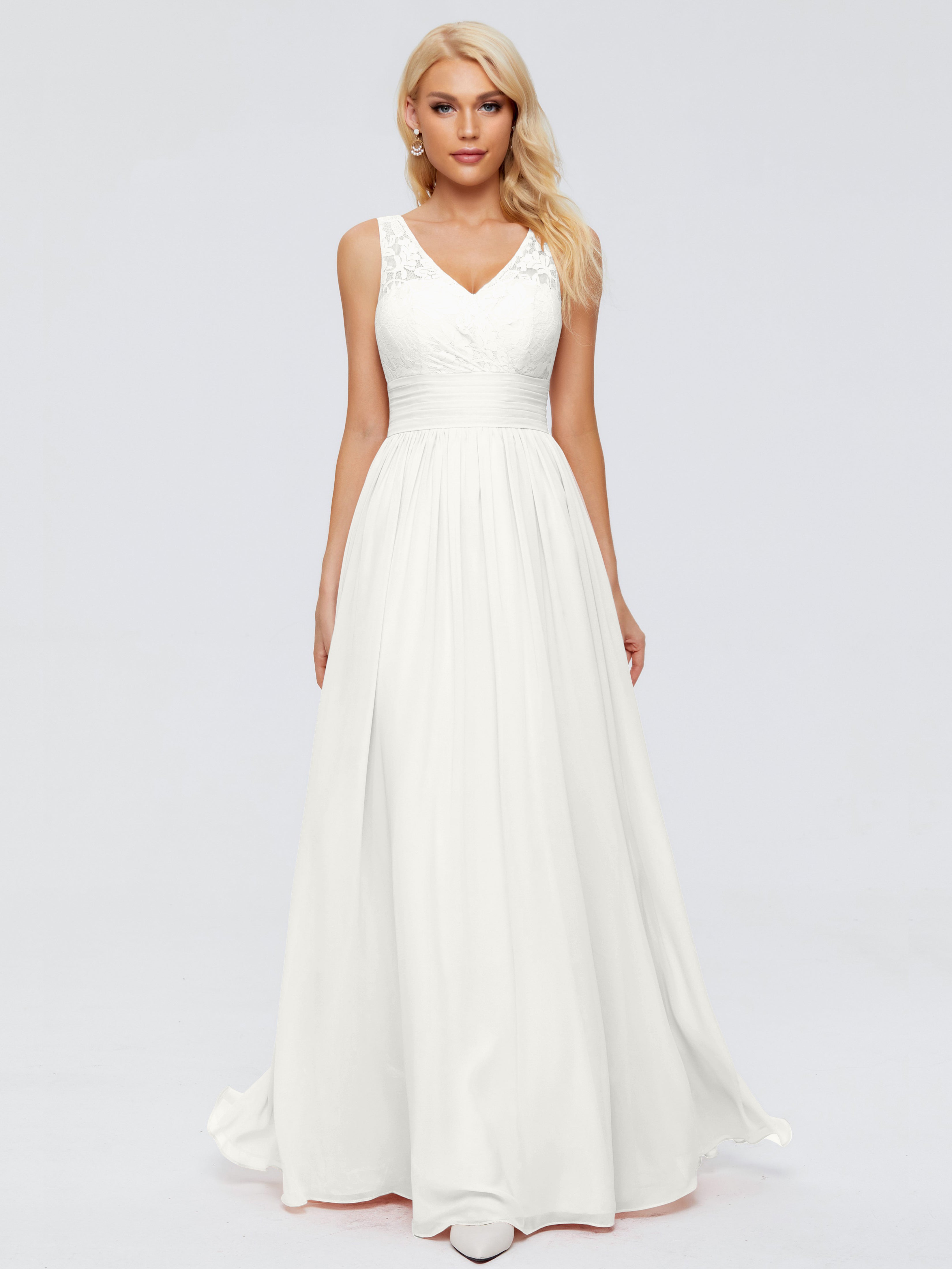 Robes De Demoiselle D'Honneur Ivoire Trapèze Col V Bretelle Mousseline Robes Demoiselle D'Honneur