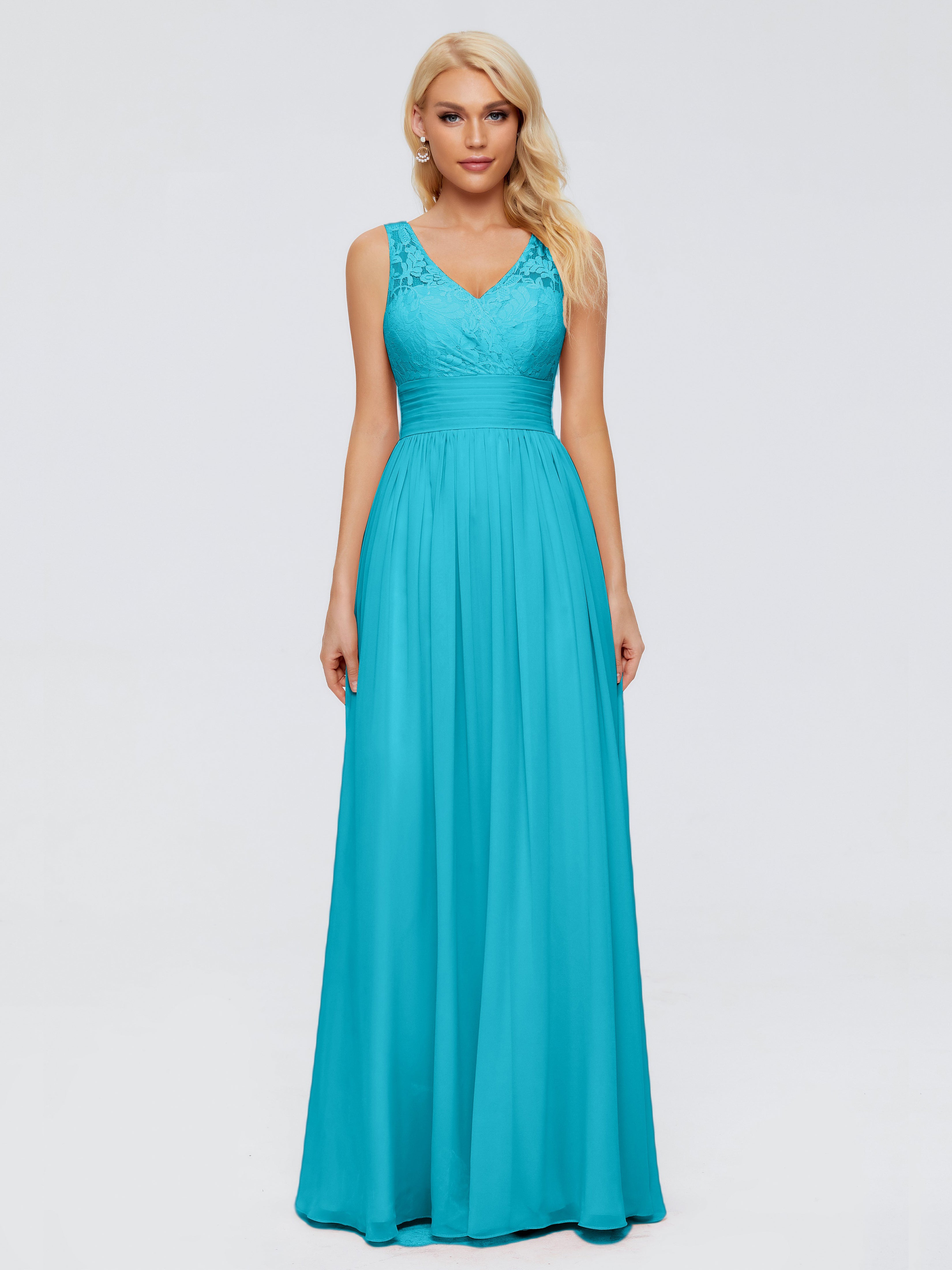 Robes De Demoiselle D'Honneur Vert Jade Trapèze Sans Manches Col V Bretelle Mousseline Robes Demoiselle D'Honneur