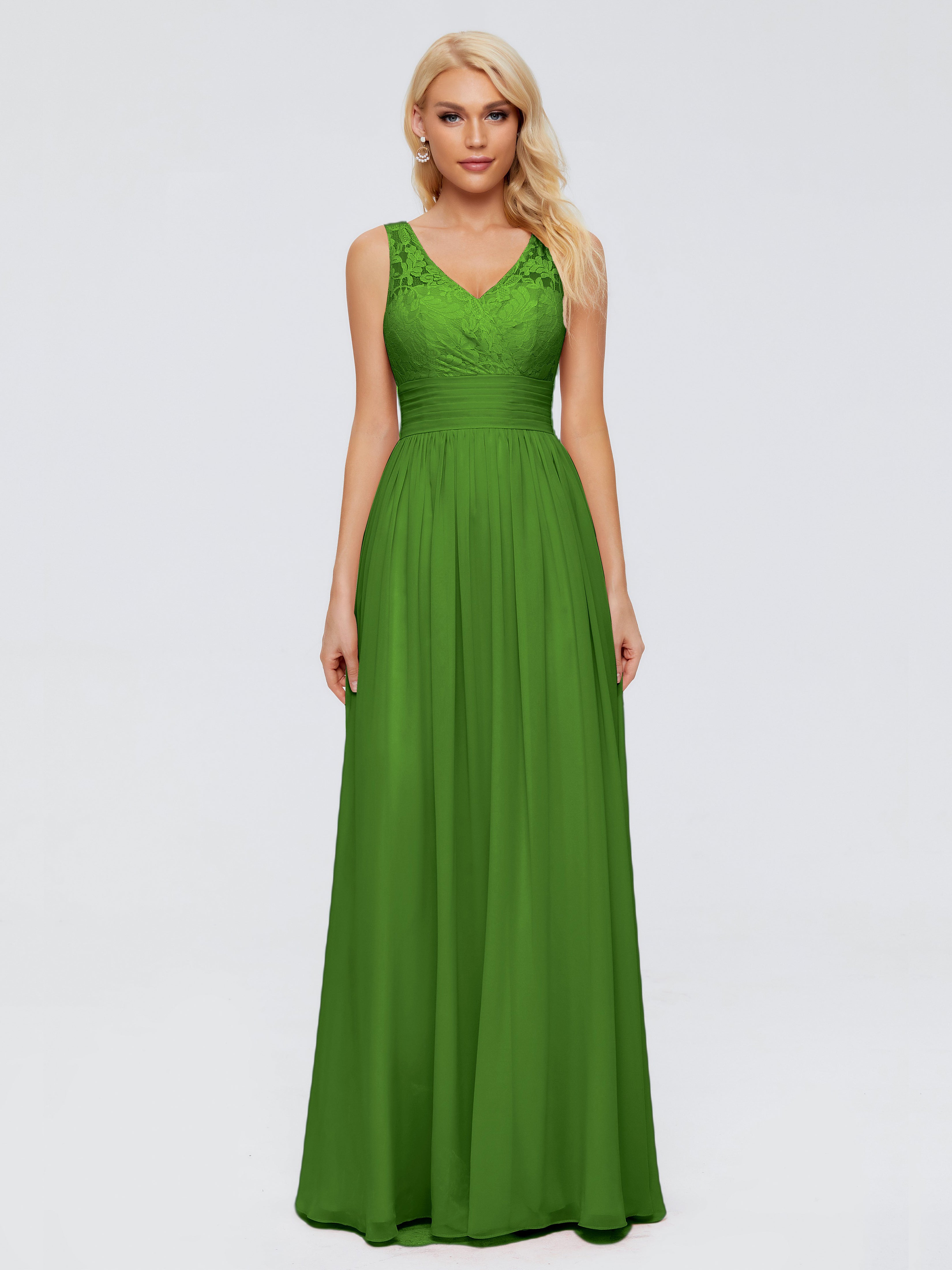 Robes De Demoiselle D'Honneur Vert Mousse Trapèze Sans Manches Col V Bretelle Mousseline Robes Demoiselle D'Honneur