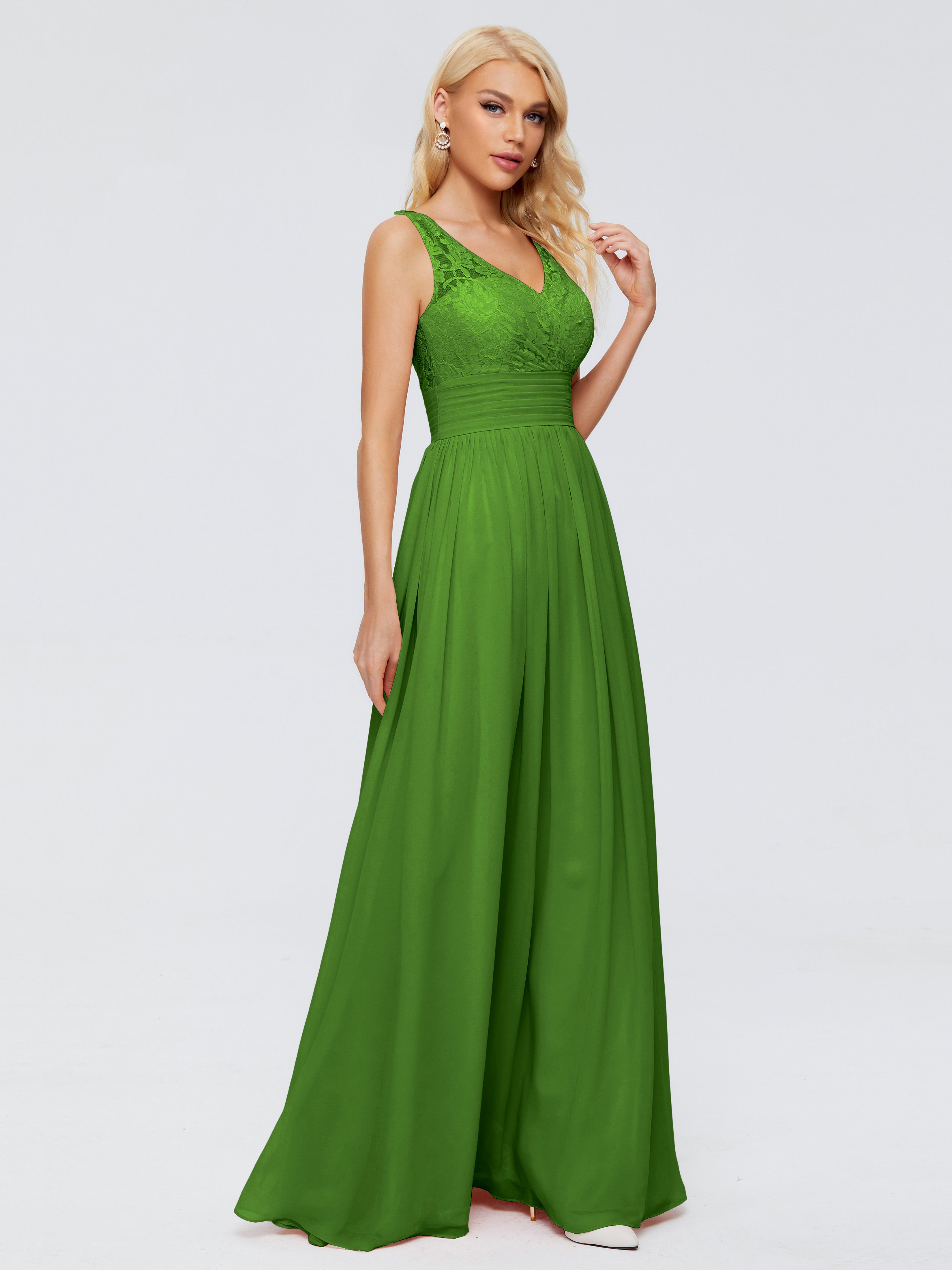 Robes De Demoiselle D'Honneur Vert Mousse Trapèze Sans Manches Col V Bretelle Mousseline Robes Demoiselle D'Honneur