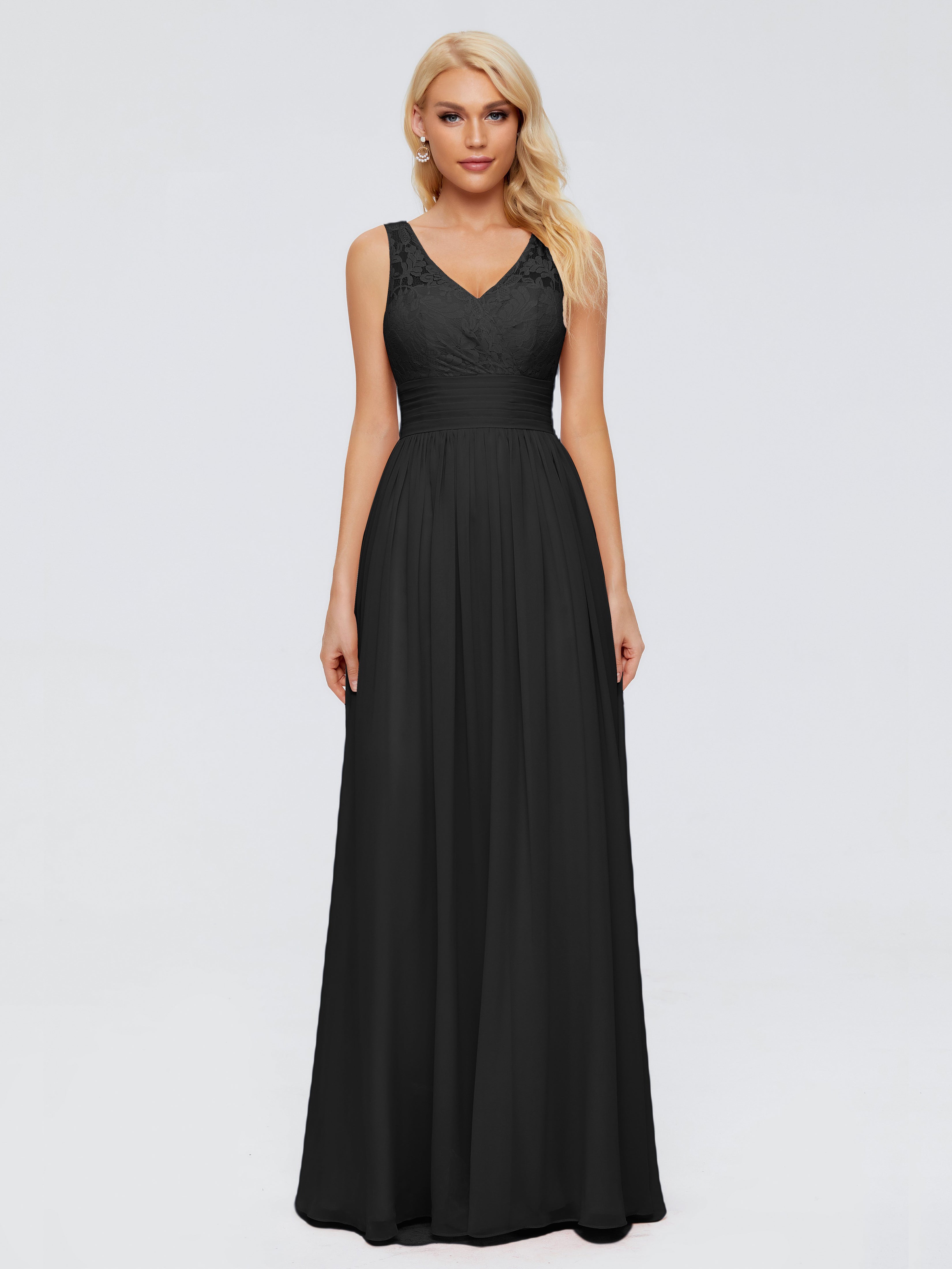 Longues Robes De Demoiselle D'Honneur Noires Trapèze Col V Bretelle Mousseline Robes Demoiselle D'Honneur