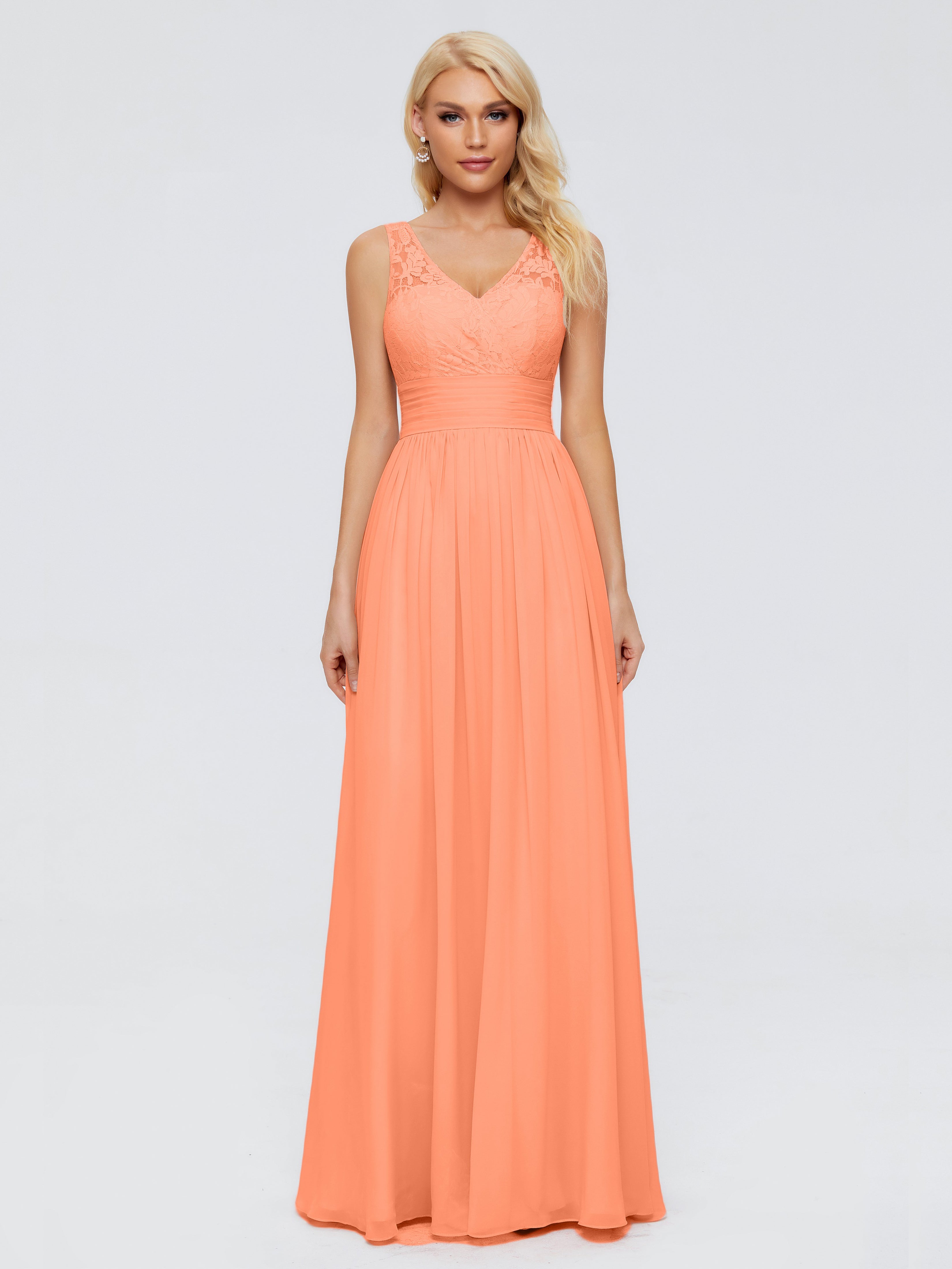 Robes De Demoiselle D'Honneur Papaye Trapèze Sans Manches Col V Bretelle Mousseline Robes Demoiselle D'Honneur