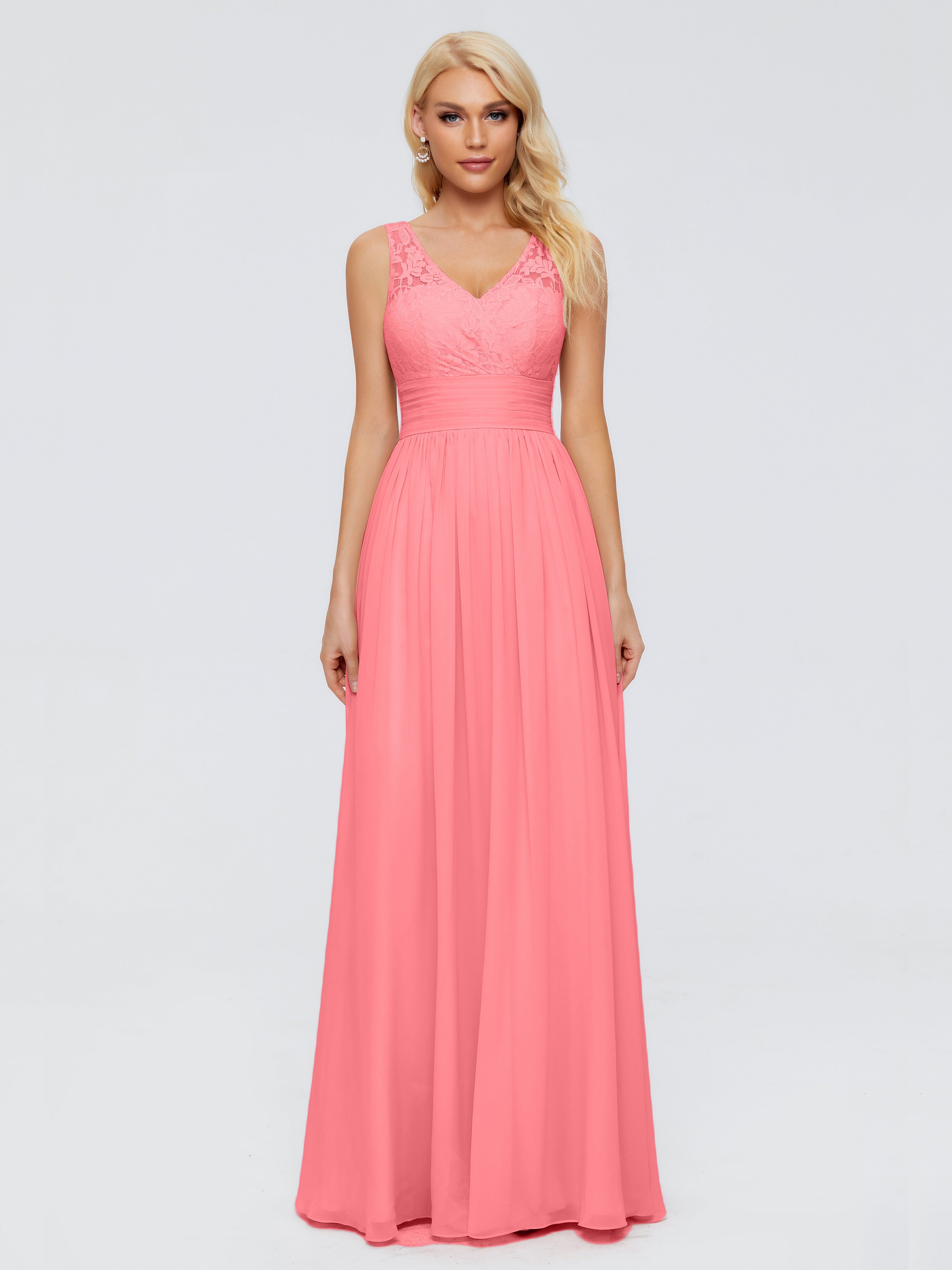 Robes De Demoiselle D'Honneur Pastèque Trapèze Sans Manches Col V Bretelle Mousseline Robes Demoiselle D'Honneur