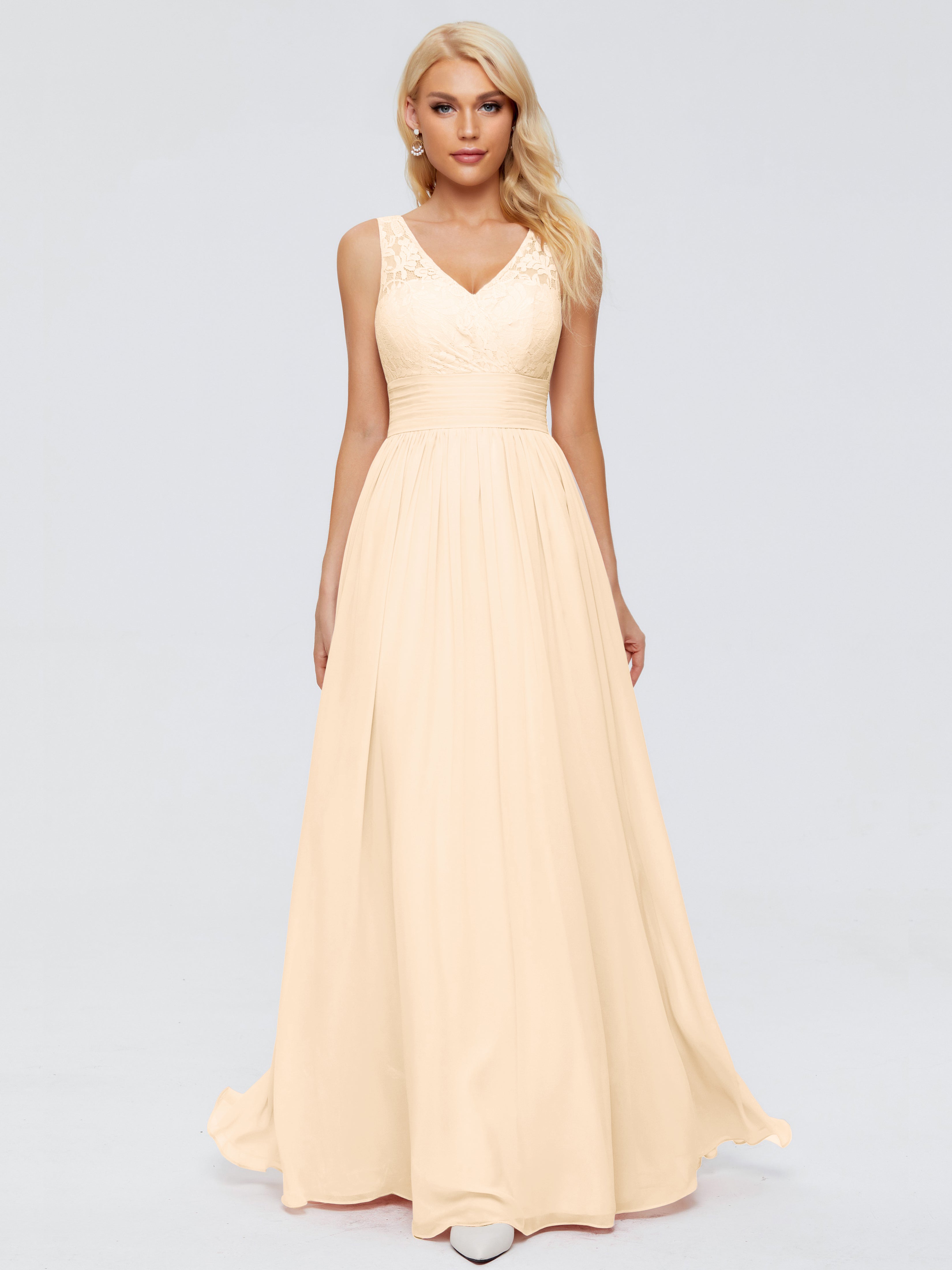 Robe De Demoiselle D Honneur Peche Trapèze Col V Bretelle Mousseline Robes Demoiselle D'Honneur