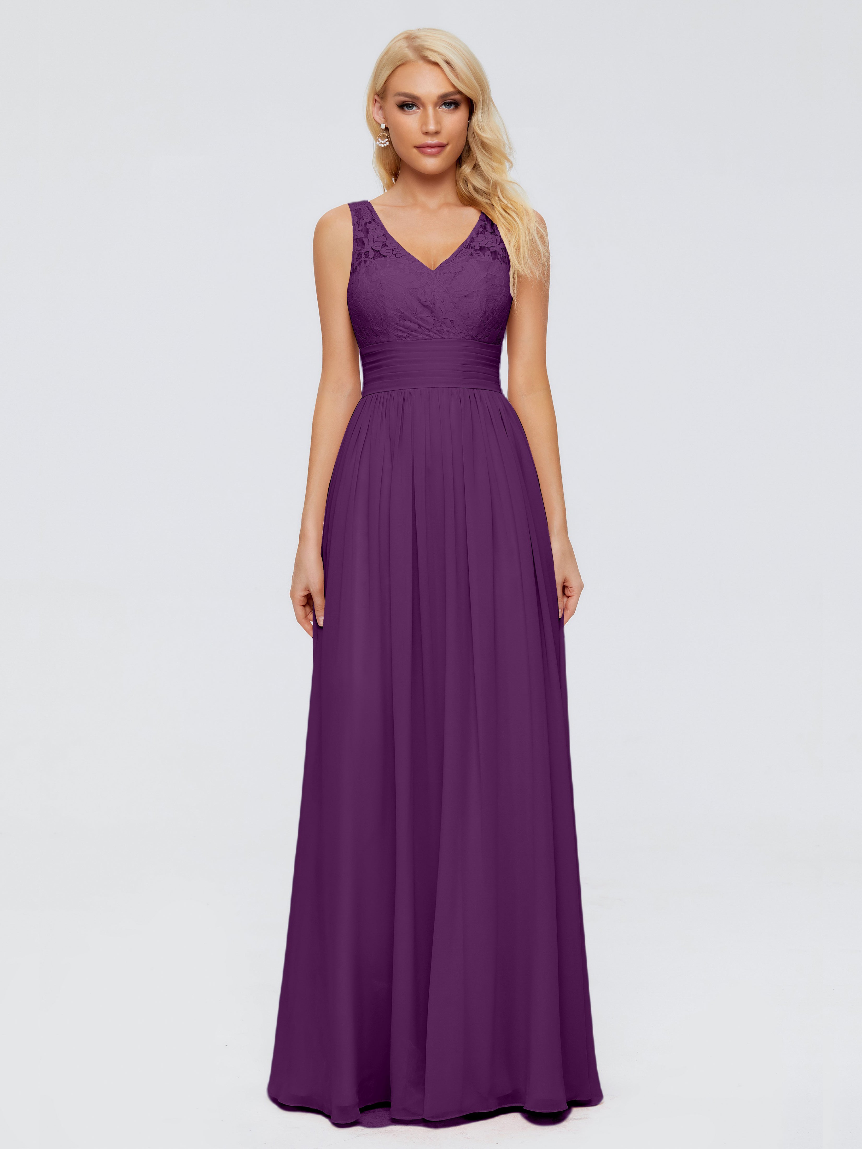 Robes De Demoiselle D'Honneur En Raisin Trapèze Sans Manches Col V Bretelle Mousseline Robes Demoiselle D'Honneur