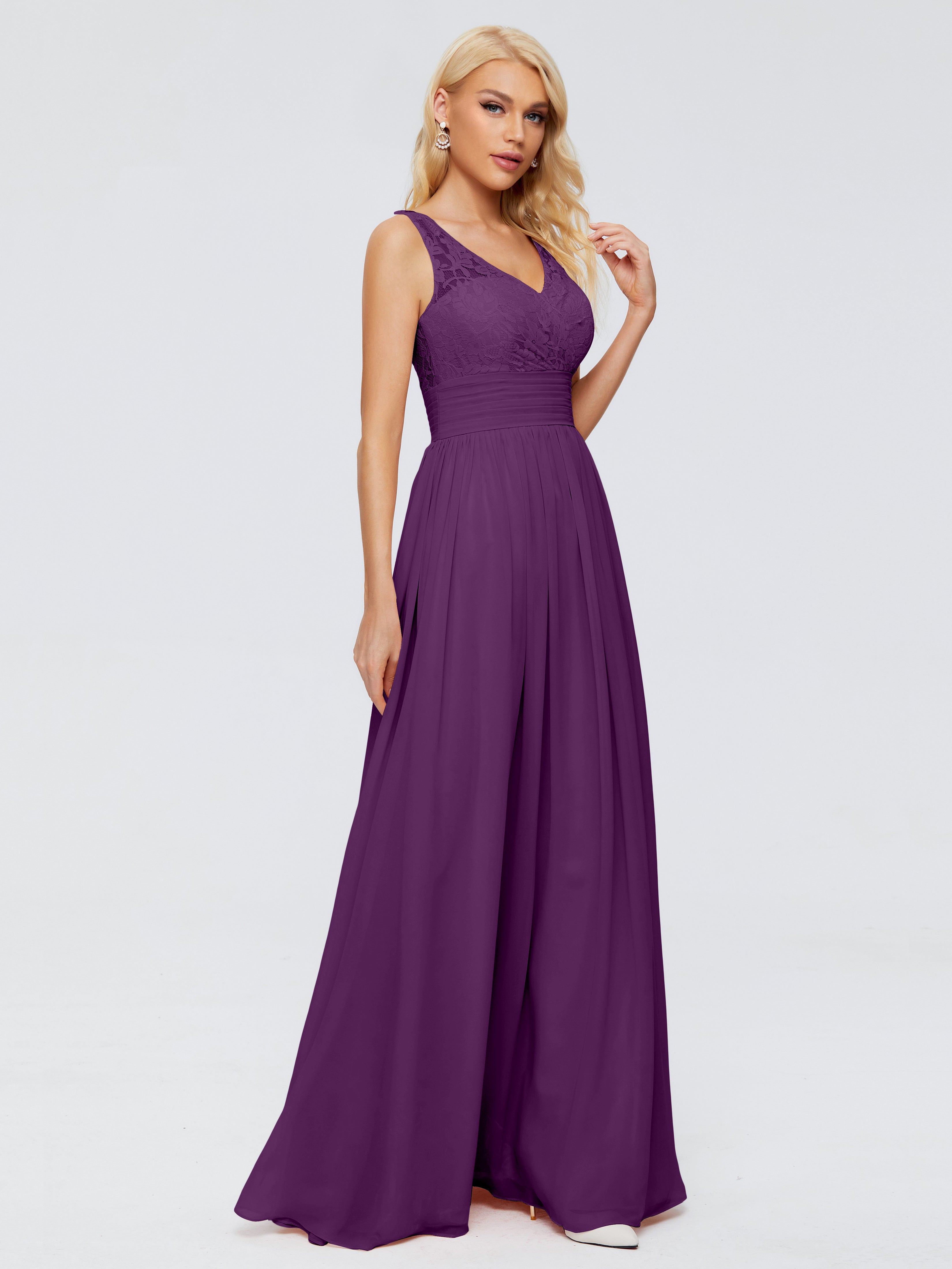 Robes De Demoiselle D'Honneur En Raisin Trapèze Sans Manches Col V Bretelle Mousseline Robes Demoiselle D'Honneur