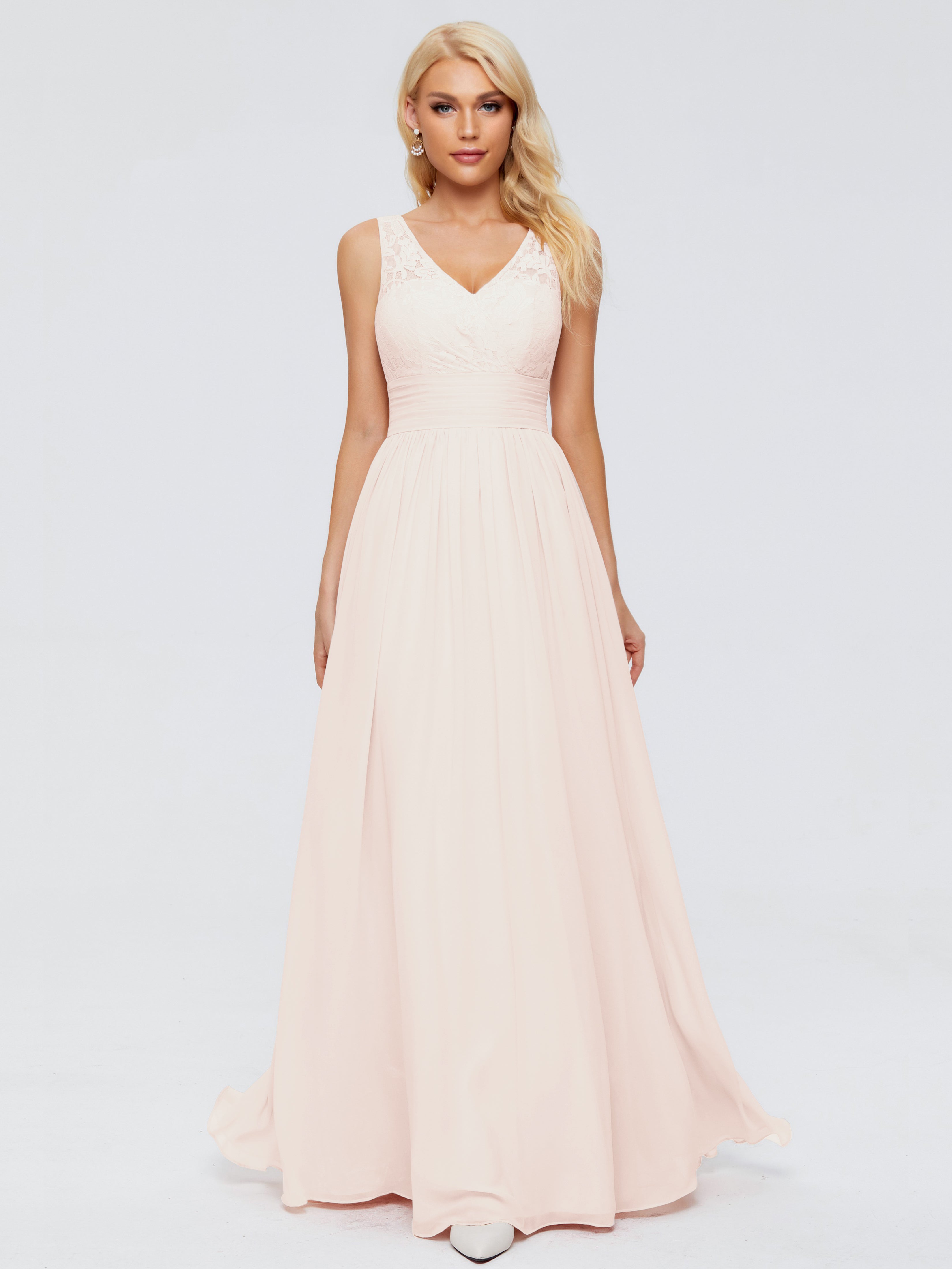 Robe De Demoiselle D'Honneur En Perles Trapèze Col V Bretelle Mousseline Robes Demoiselle D'Honneur