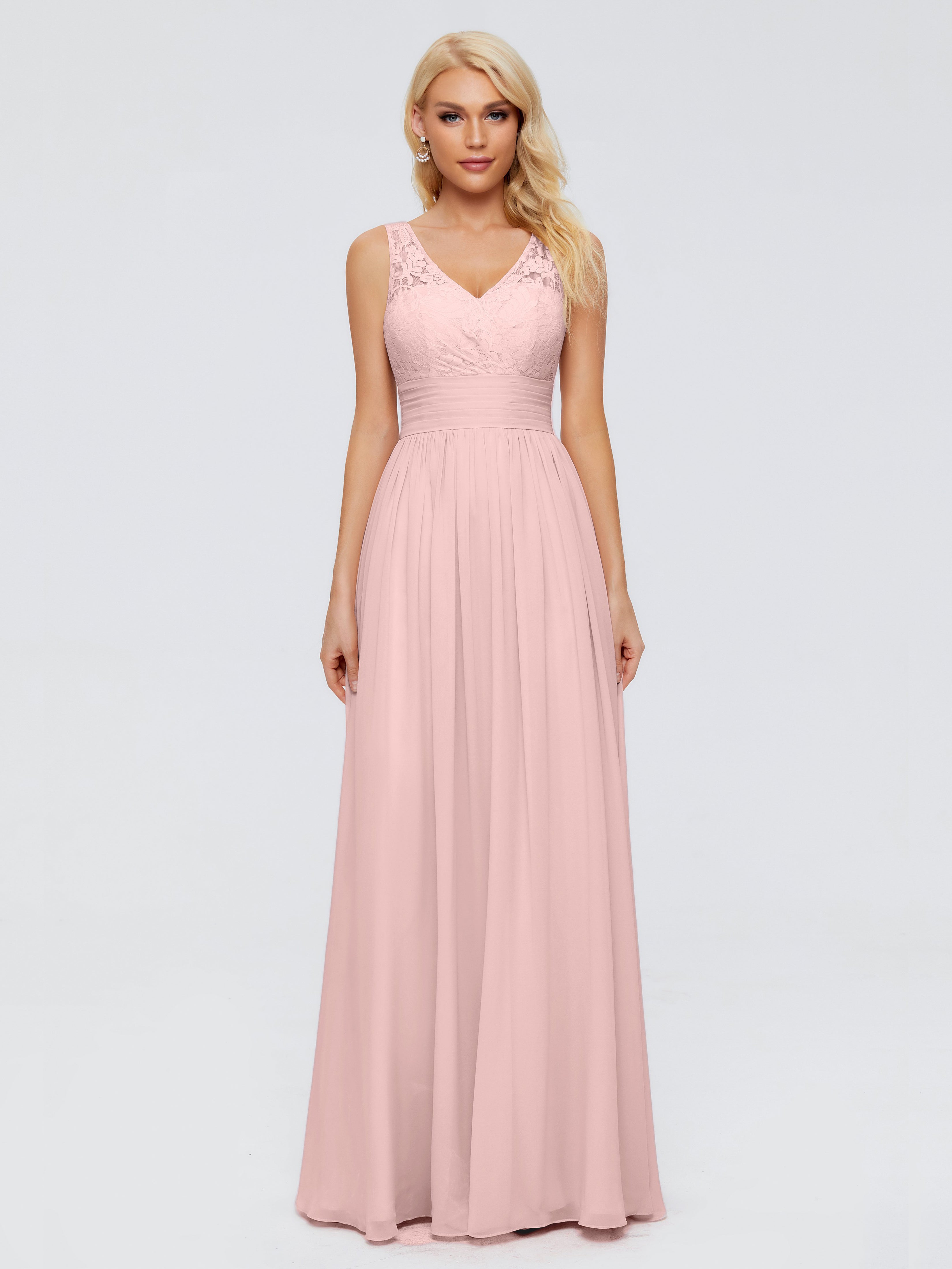 Poudree Robe Demoiselle D Honneur Rose Trapèze Col V Bretelle Mousseline Robes Demoiselle D'Honneur