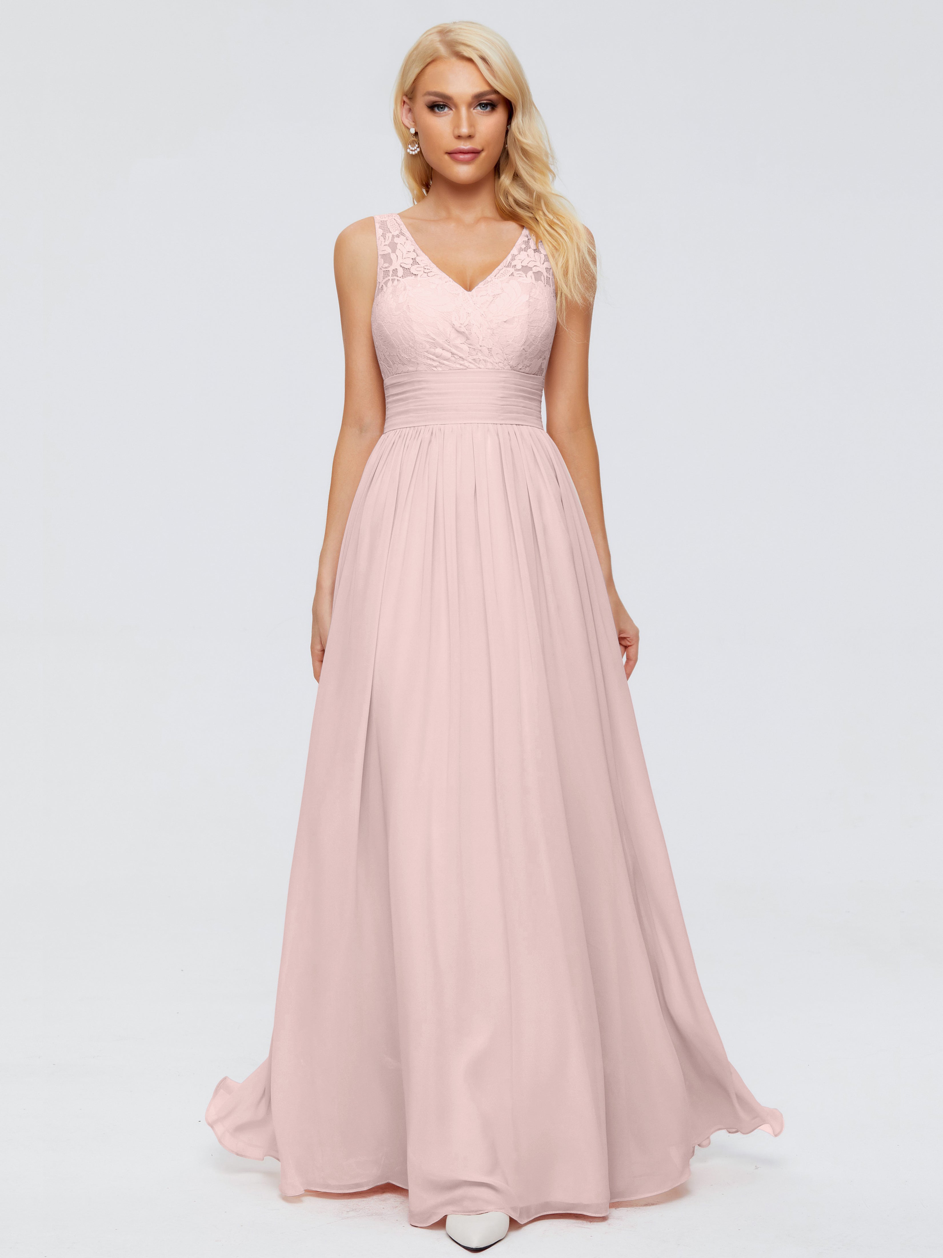 Poudree Robe Demoiselle D Honneur Rose Trapèze Col V Bretelle Mousseline Robes Demoiselle D'Honneur