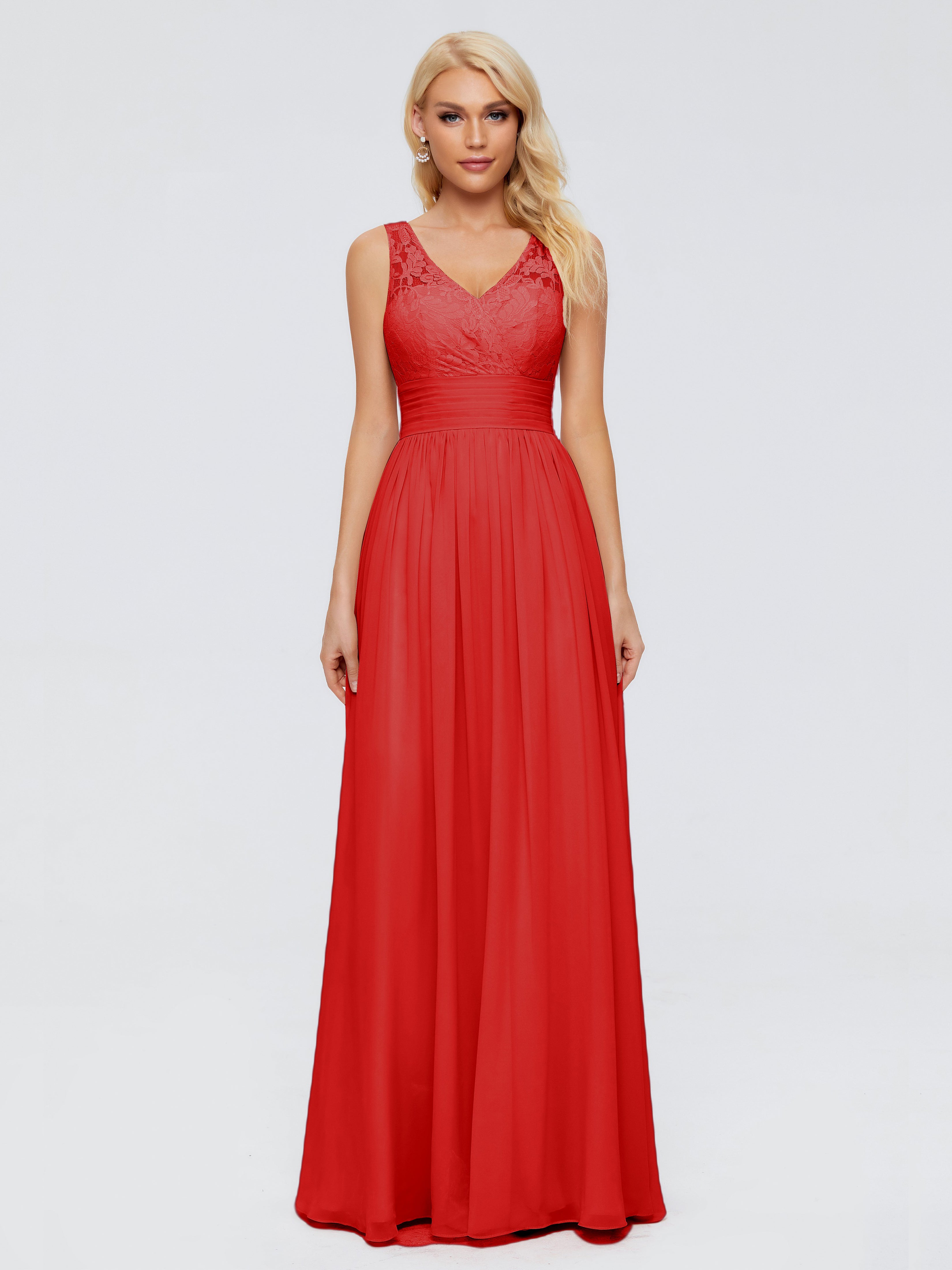 Robe De Demoiselle D Honneur Rouge Trapèze Col V Bretelle Mousseline Robes Demoiselle D'Honneur