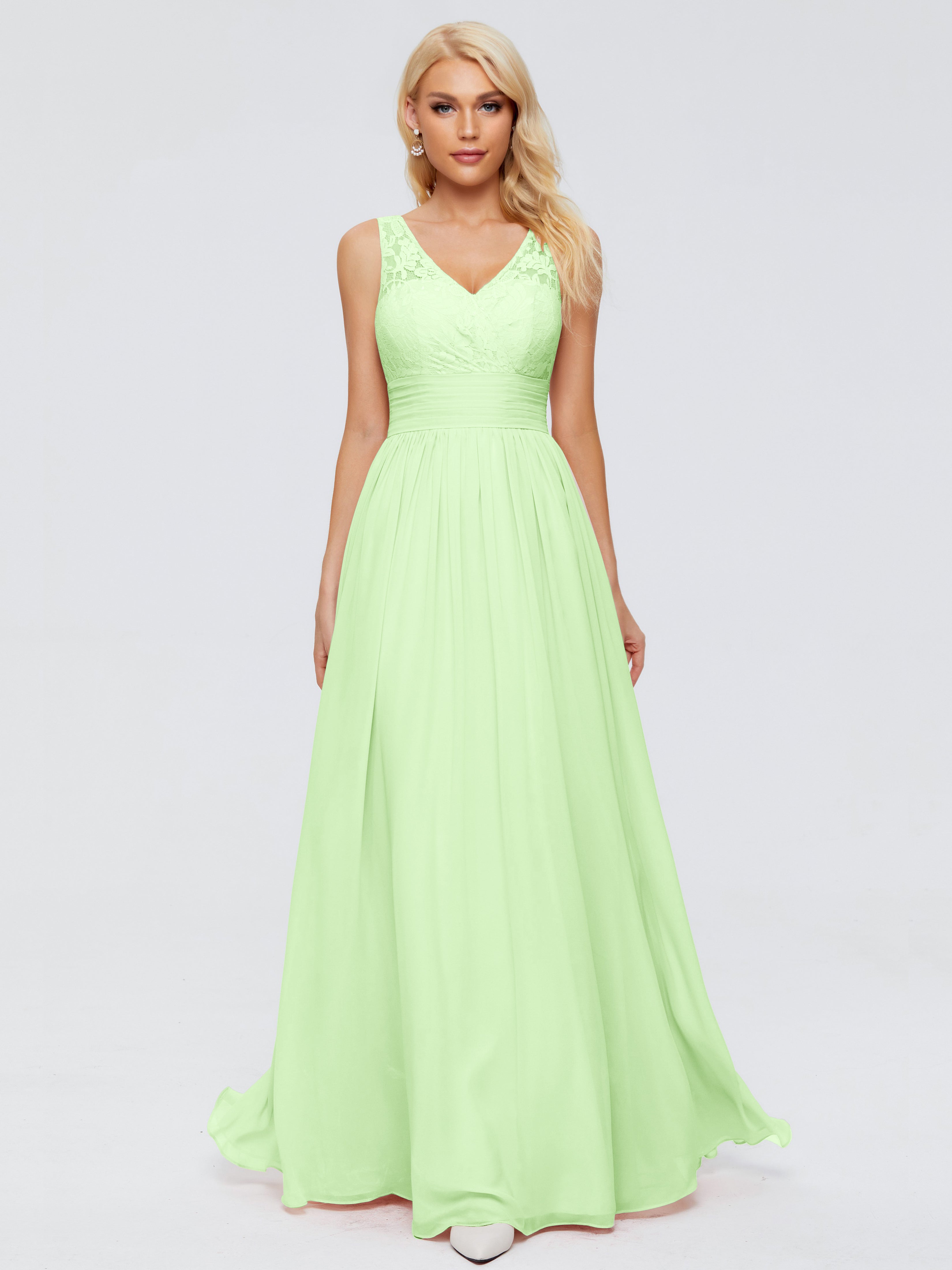 Demoiselle D'Honneur Vert Sauge Trapèze Col V Bretelle Mousseline Robes Demoiselle D'Honneur