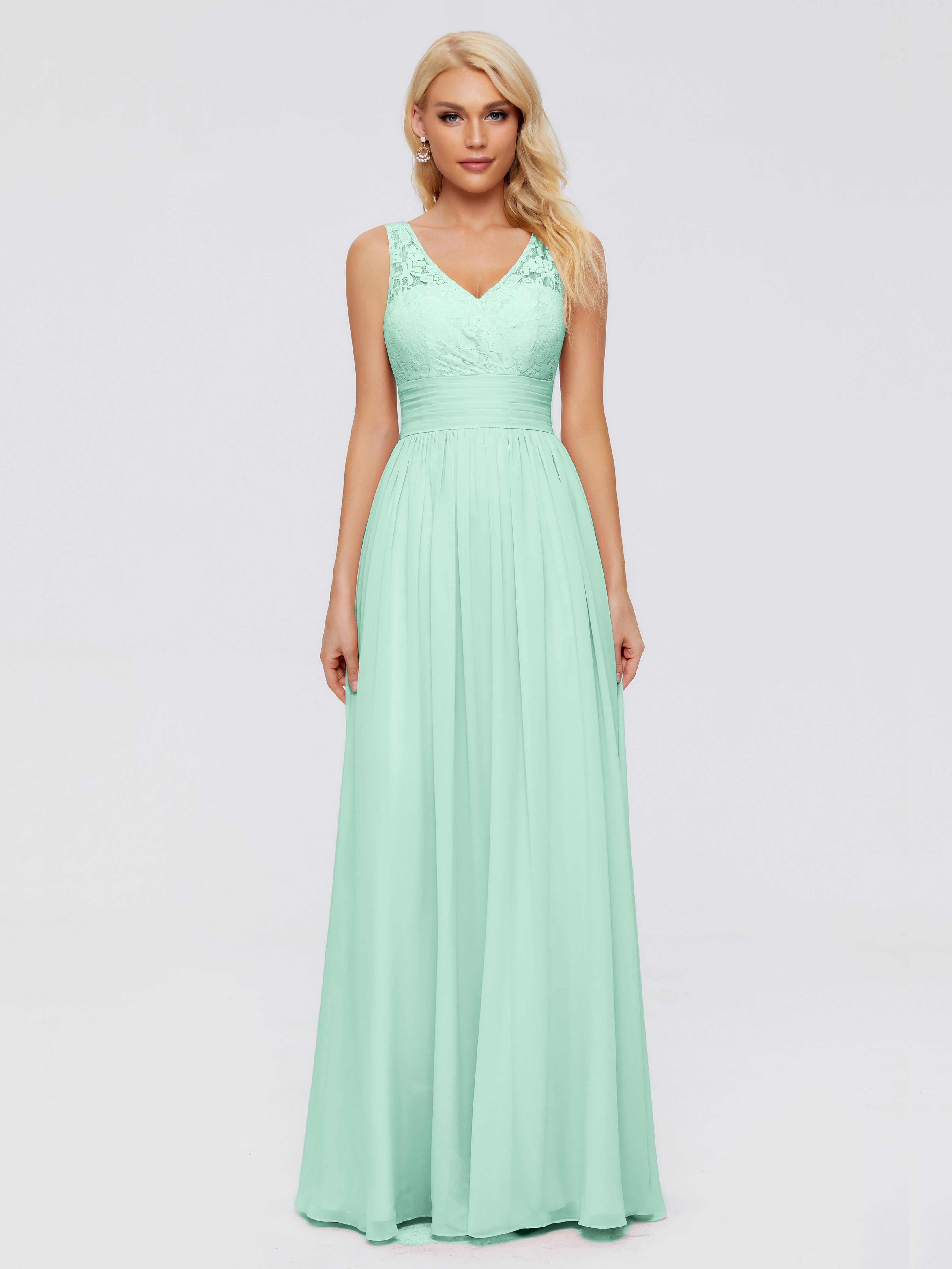 Robes De Demoiselle D'Honneur Vert Menthe Trapèze Col V Bretelle Mousseline Robes Demoiselle D'Honneur