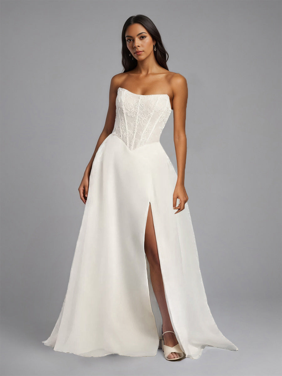 Cicinia Nouvelle Arrivée Robe de Mariée Ivoire sans Bretelles sans Manches avec Fente Épurée