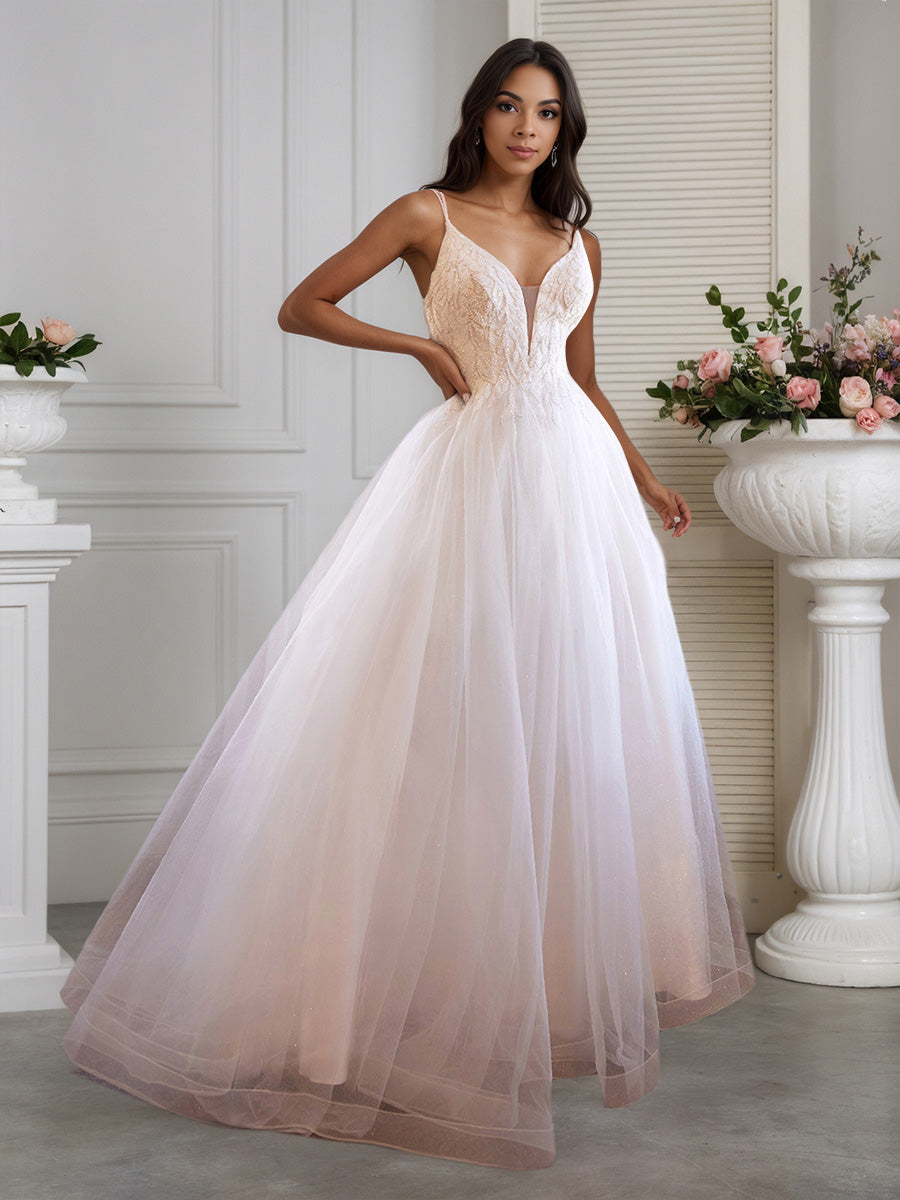 Cicinia Robe de Mariée en Tulle Fluide sans Manches à Bretelles Spaghetti Décolleté en V