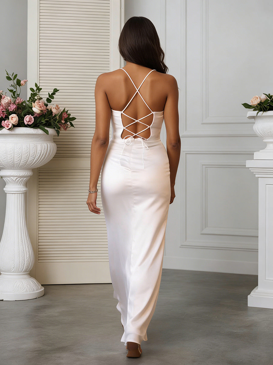 Cicinia Robe de Mariée Fourreau à Bretelles Spaghetti Décolleté Cœur Dos Nud