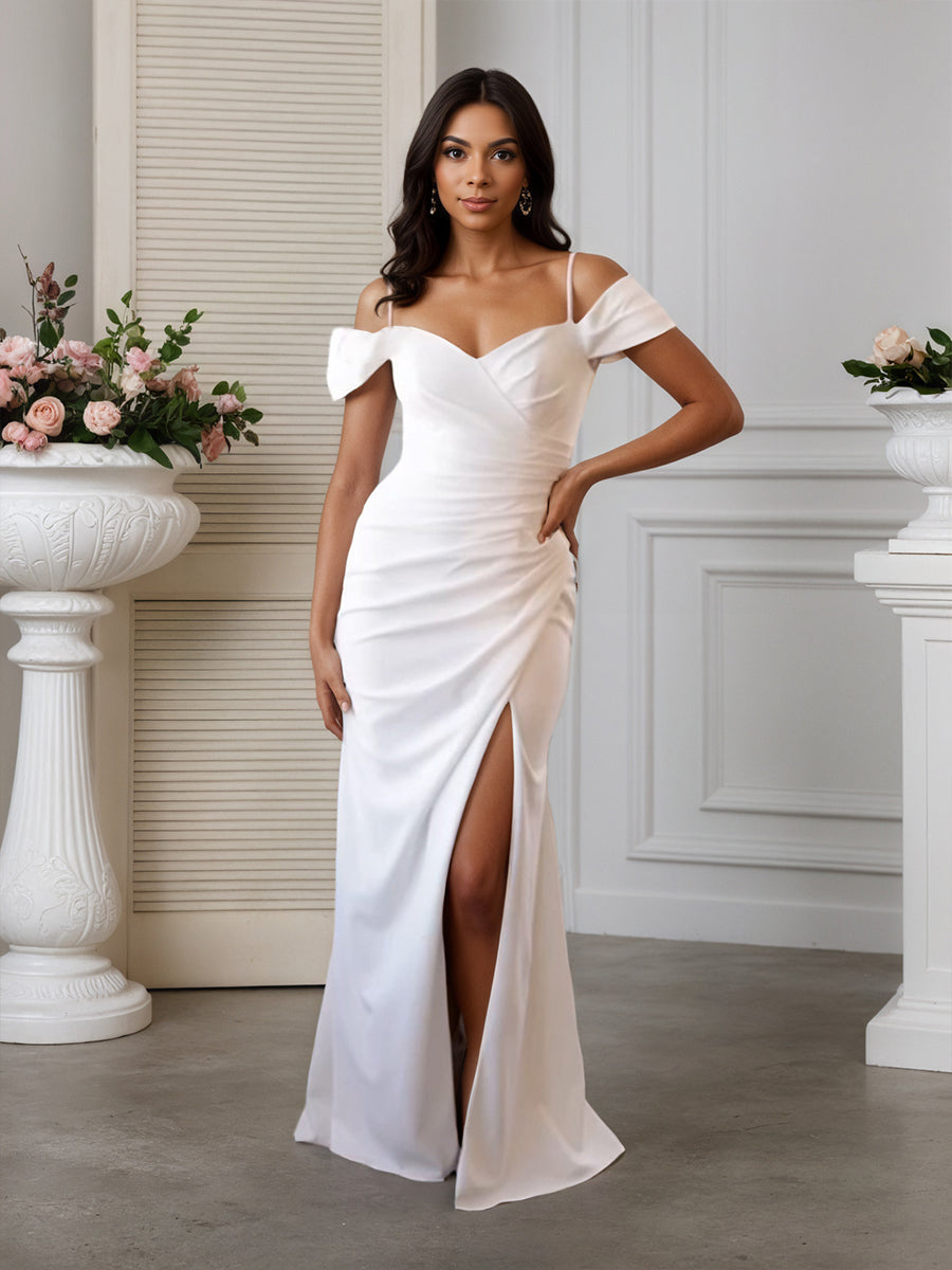 Cicinia Robe de Mariée Sirène Longue Épaules Dénudées Décolleté Cœur à Plis Fente Latérale Longueur Sol