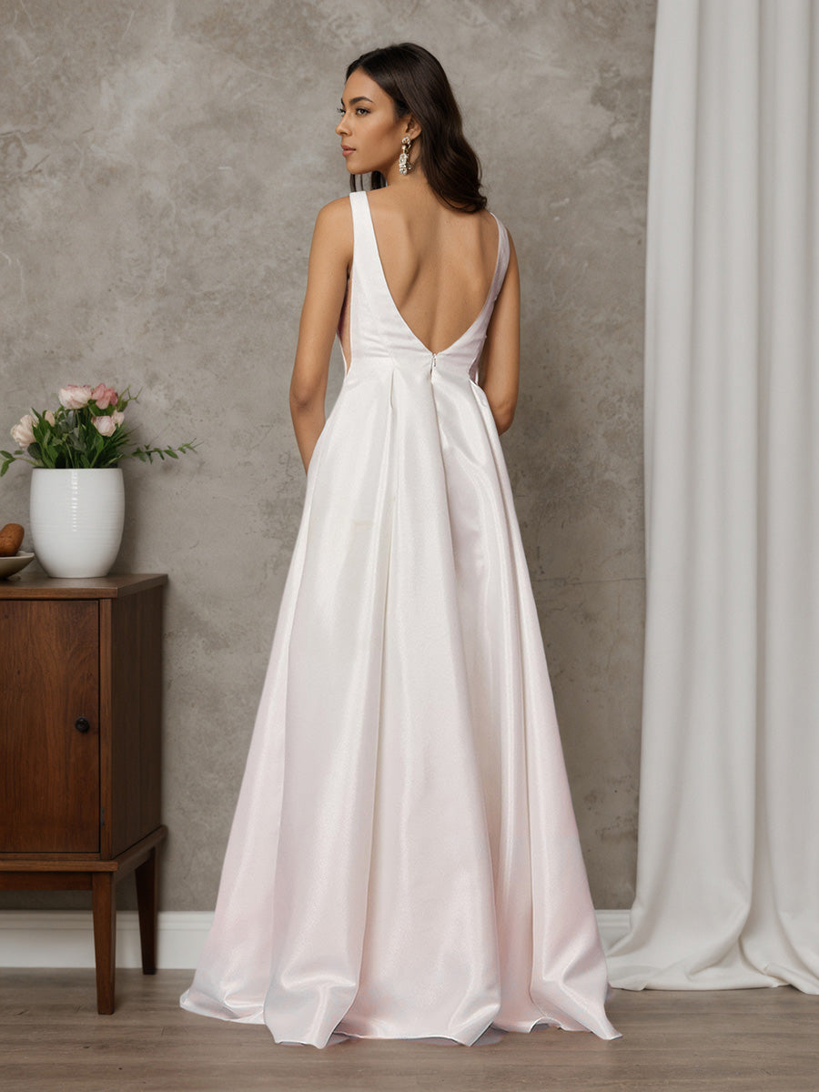 Cicinia Robe de Mariée Longue en Satin sans Manches A-Line Décolleté en V à Jupe Évasée