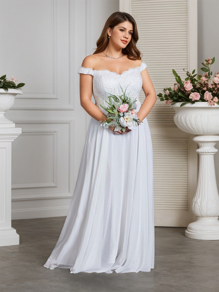 Cicinia Ivoire Robe de Mariée A-Line en Mousseline Appliqués Dentelle Épaules Dénudées