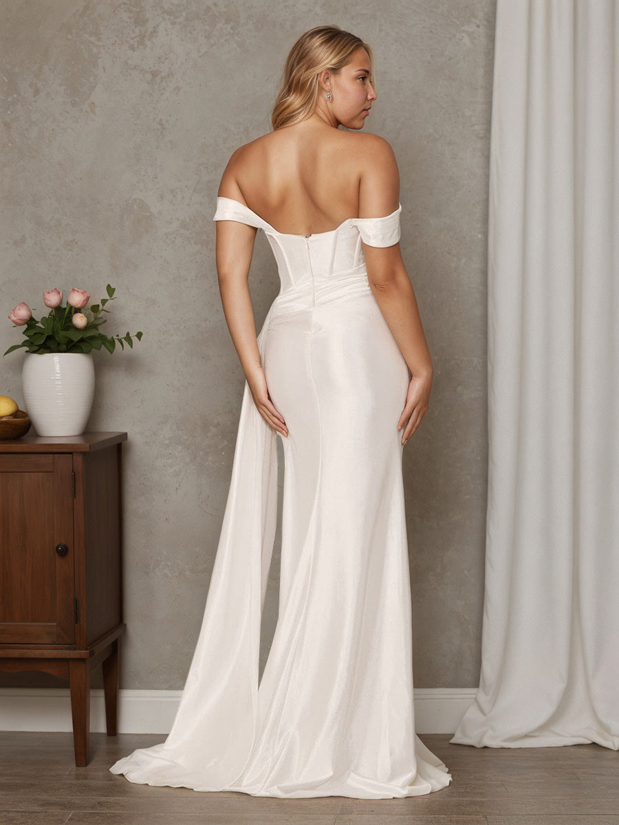 Cicinia Robe de Mariée Longue Ivoire Épaules Dénudées Fente Fermeture Dos à Glissière