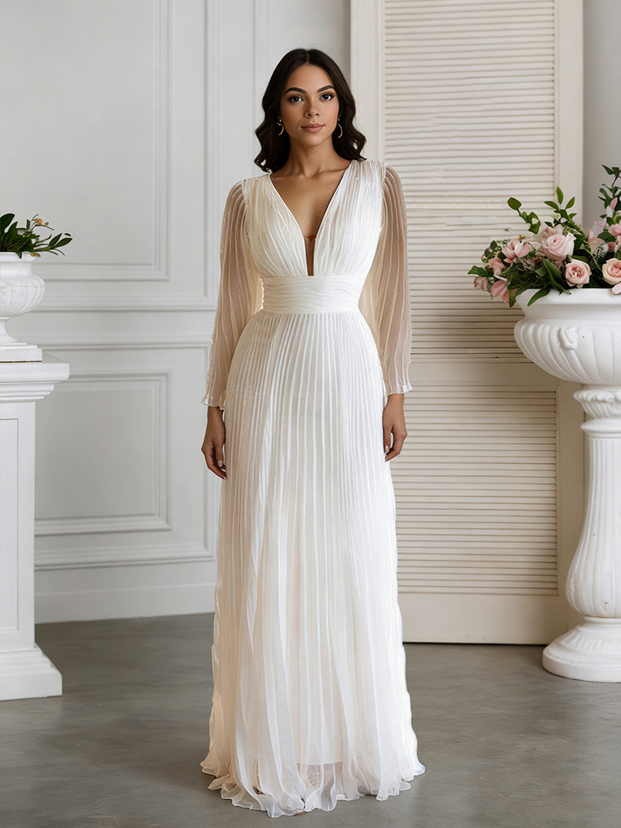 Cicinia Ivoire Robe de Mariée A-Line Fluide à Manches Cloche Décolleté en V Plongeant