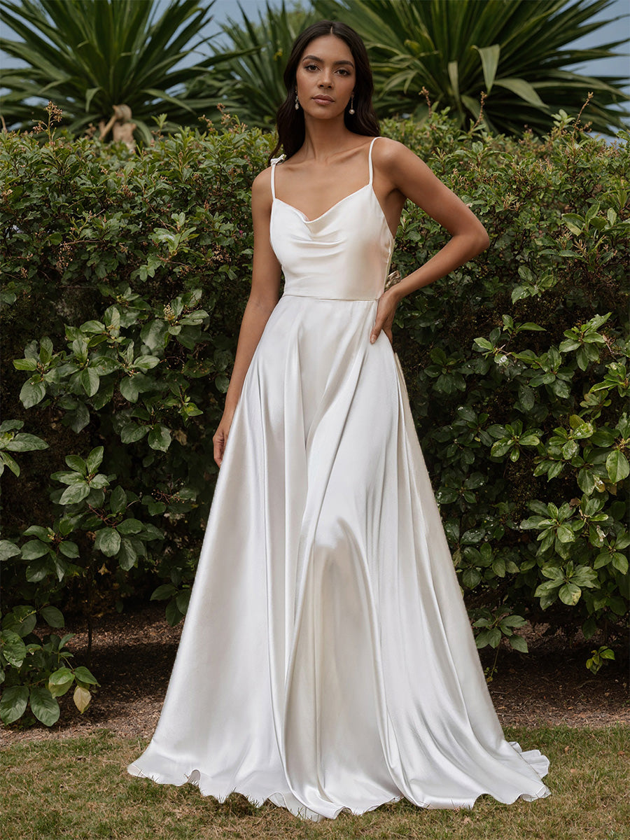 Cicinia Robe de Mariée Longue A-Line Ivoire Bretelles Spaghetti Dos Nud
