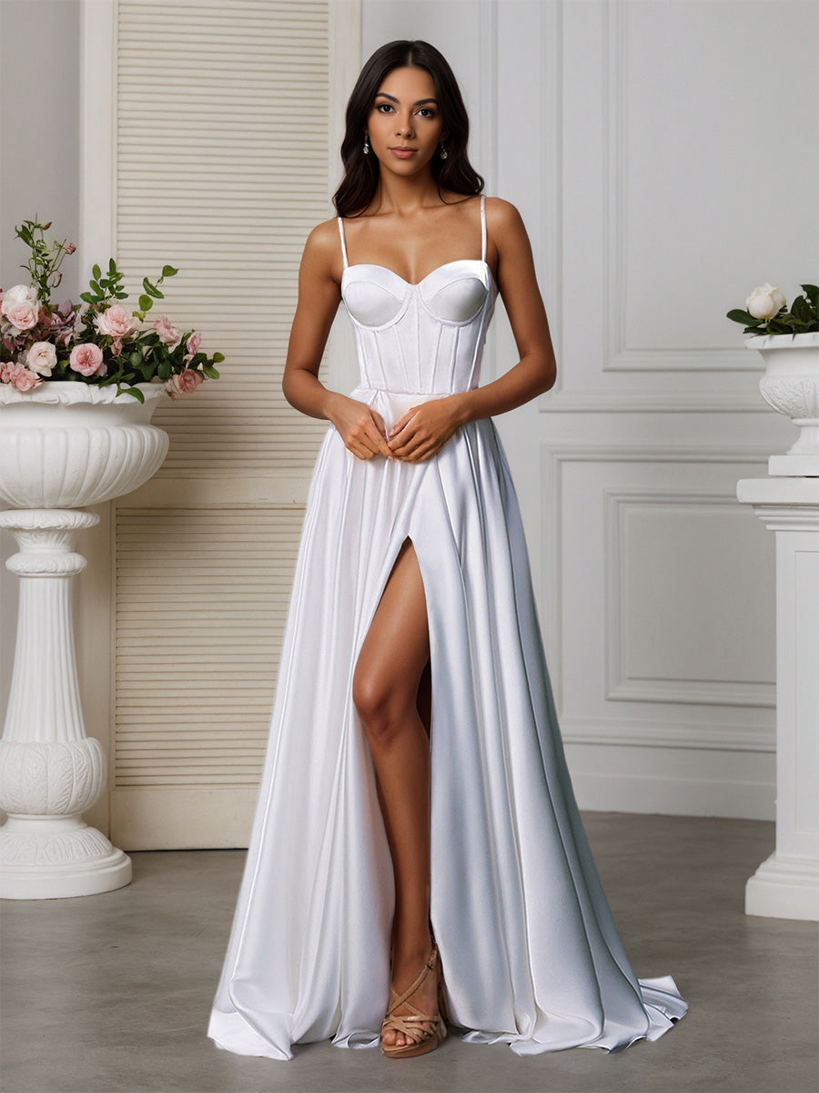 Cicinia Robe de Mariée A-Line en Satin Doux à Bretelles Spaghetti Décolleté Cœur avec Fente