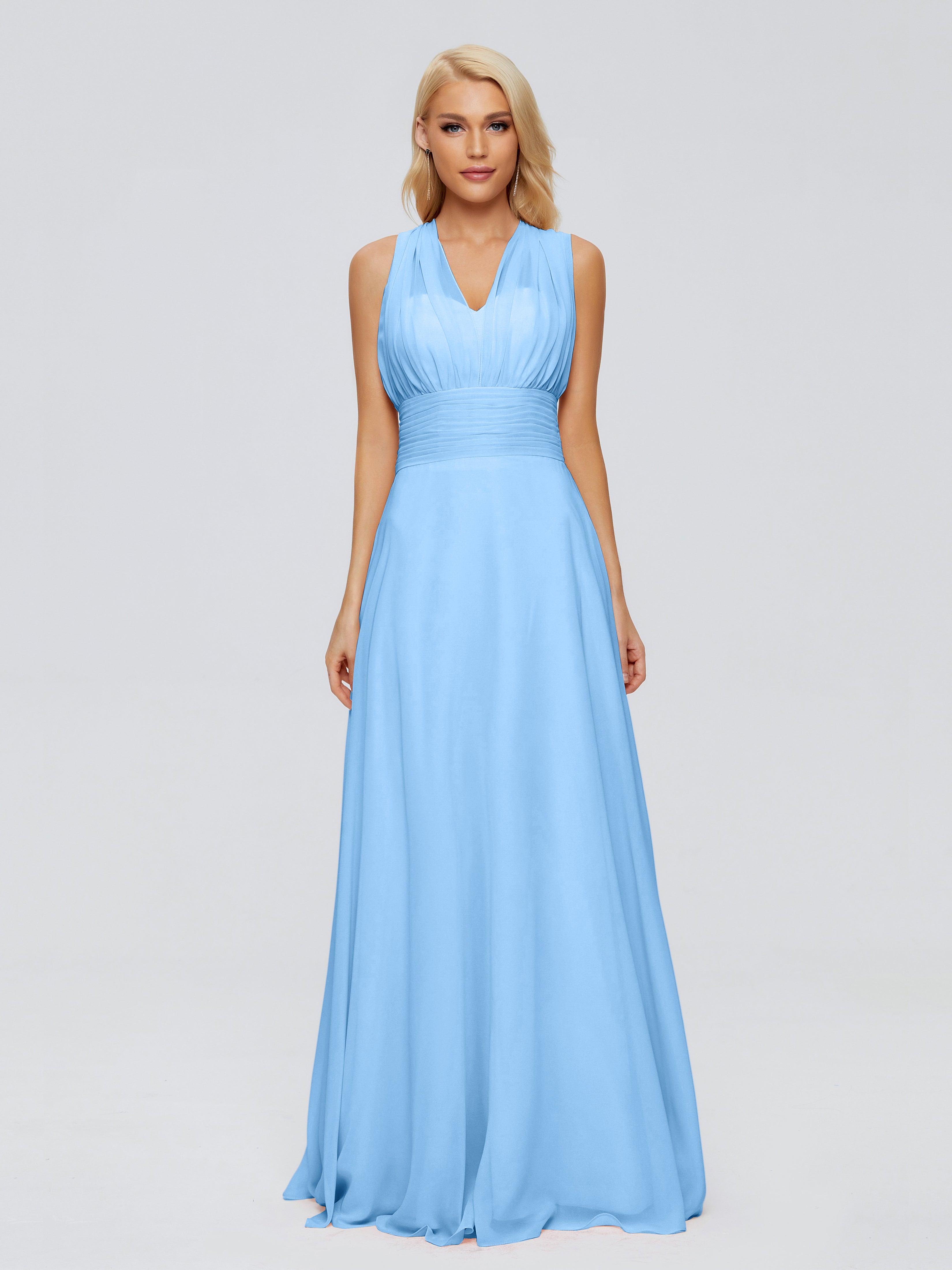 Demoiselle D Honneur Bleu Trapèze Bretelle Ruban Mousseline Robes Demoiselle D'Honneur