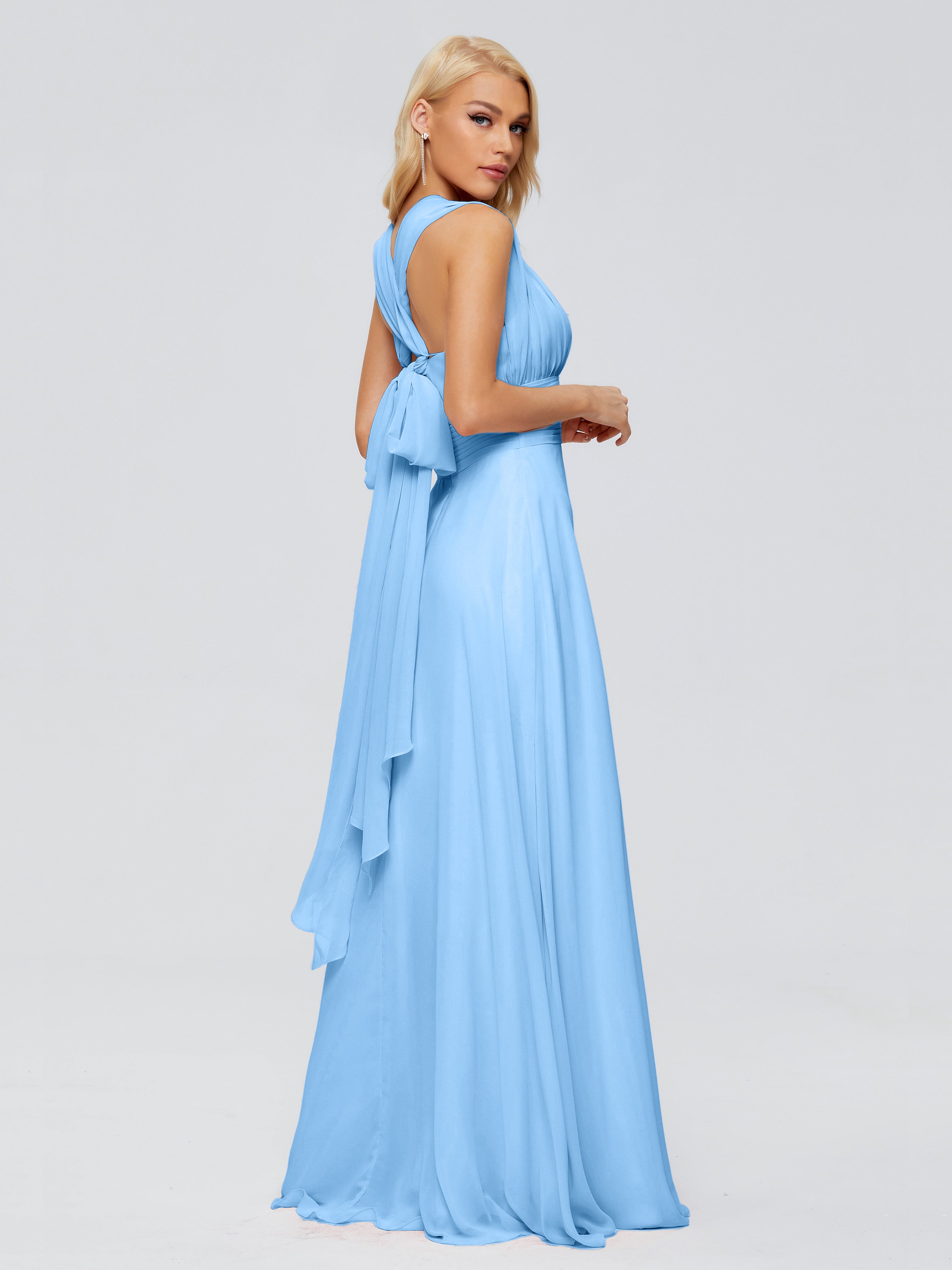 Demoiselle D Honneur Bleu Trapèze Bretelle Ruban Mousseline Robes Demoiselle D'Honneur