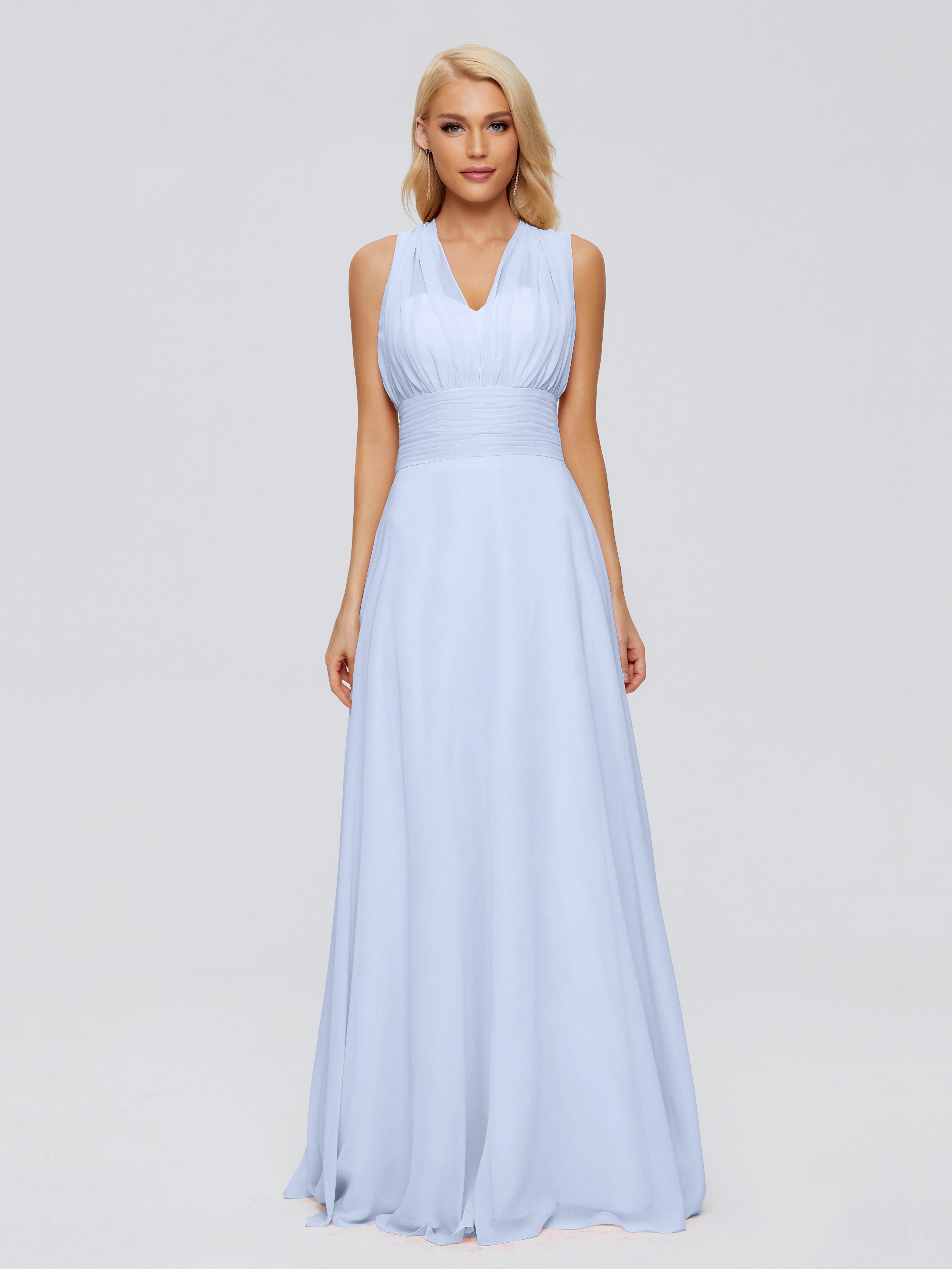 Robe Longue Bleu Ciel Demoiselle D Honneur Trapèze Bretelle Ruban Mousseline Robes Demoiselle D'Honneur