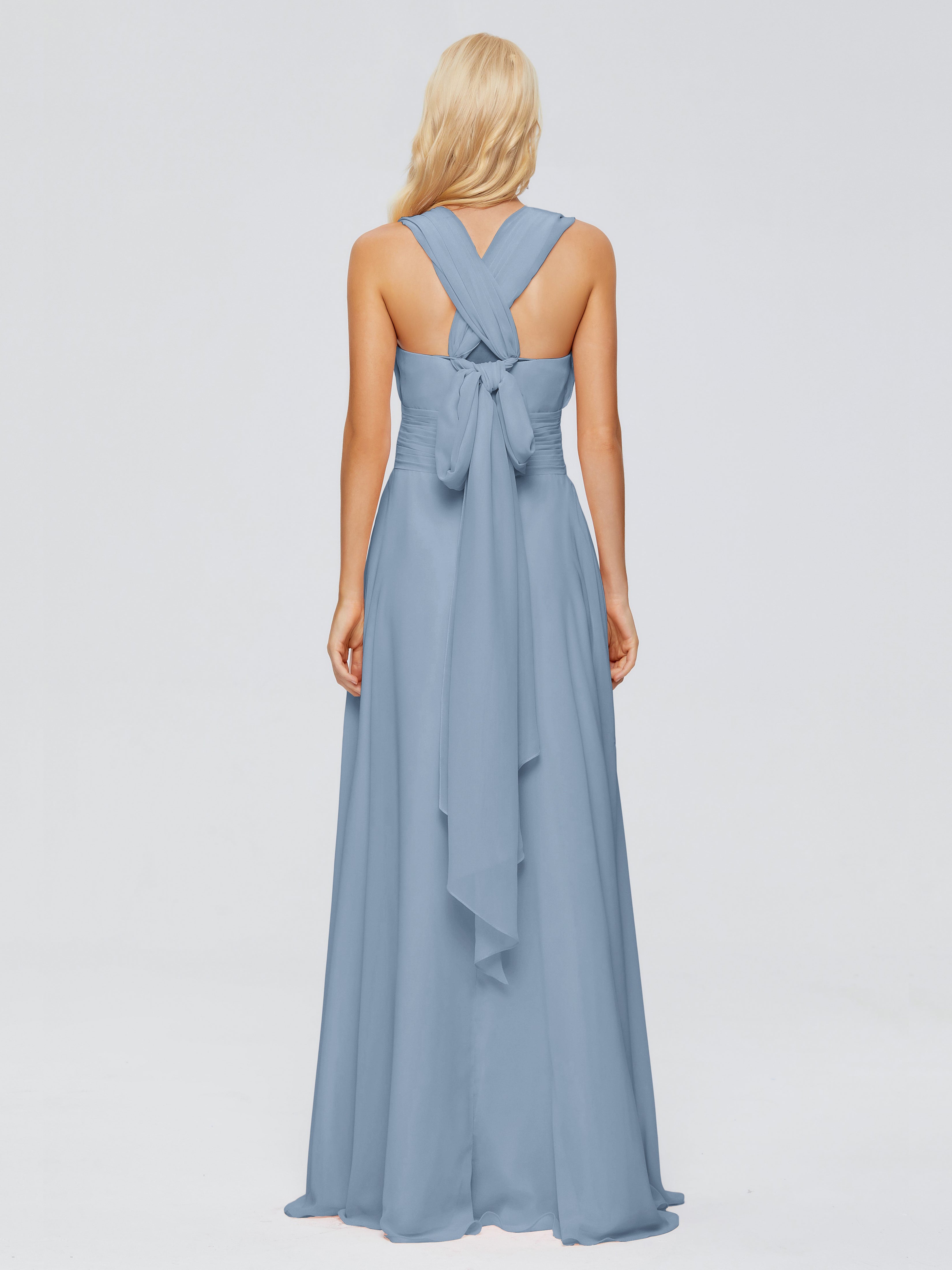 Robes De Demoiselle D'Honneur Bleu De Schiste Trapèze Bretelle Ruban Mousseline Robes Demoiselle D'Honneur