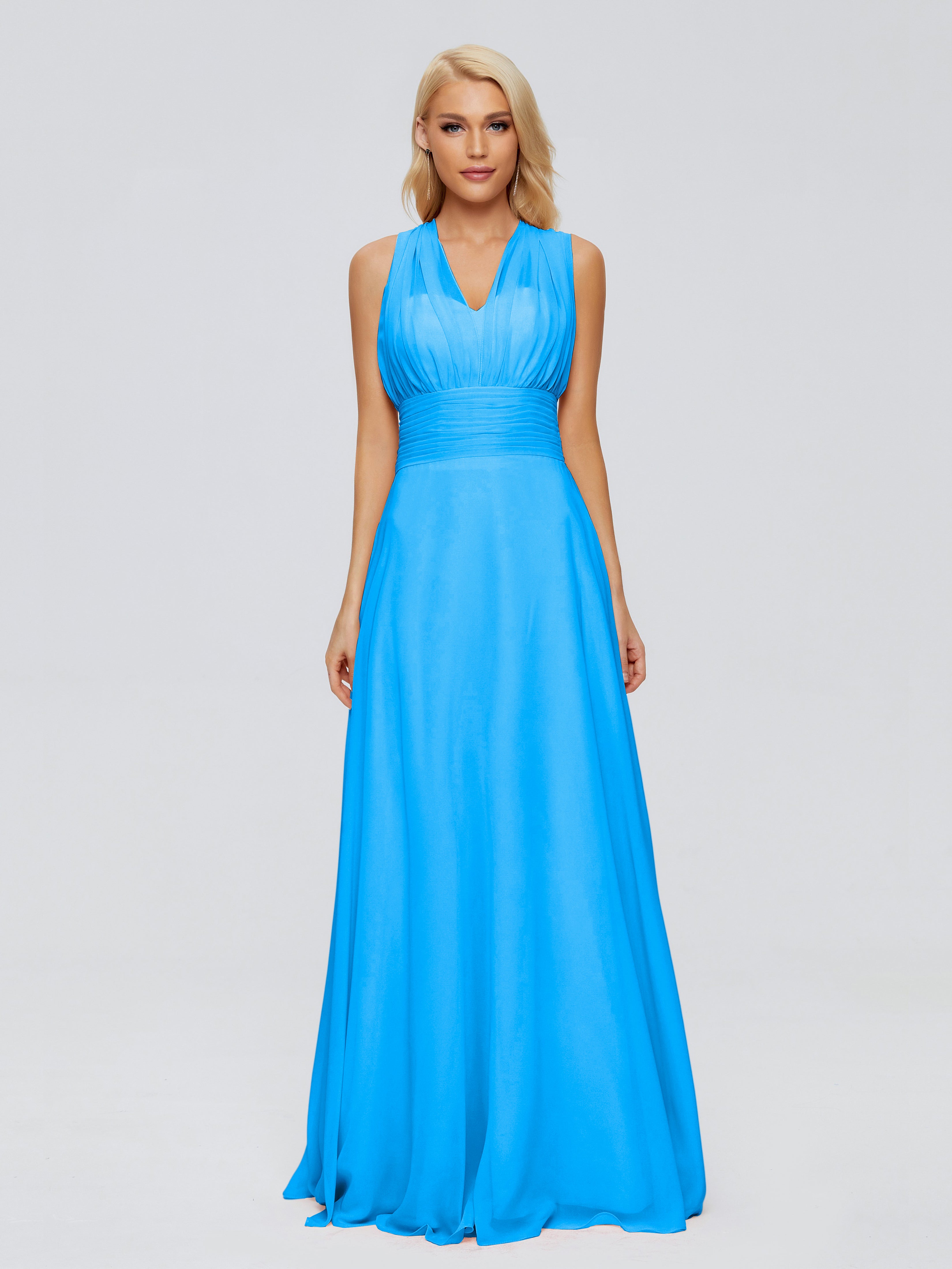 Robes De Demoiselle D'Honneur Bleu Océan Trapèze Bretelle Ruban Mousseline Robes Demoiselle D'Honneur