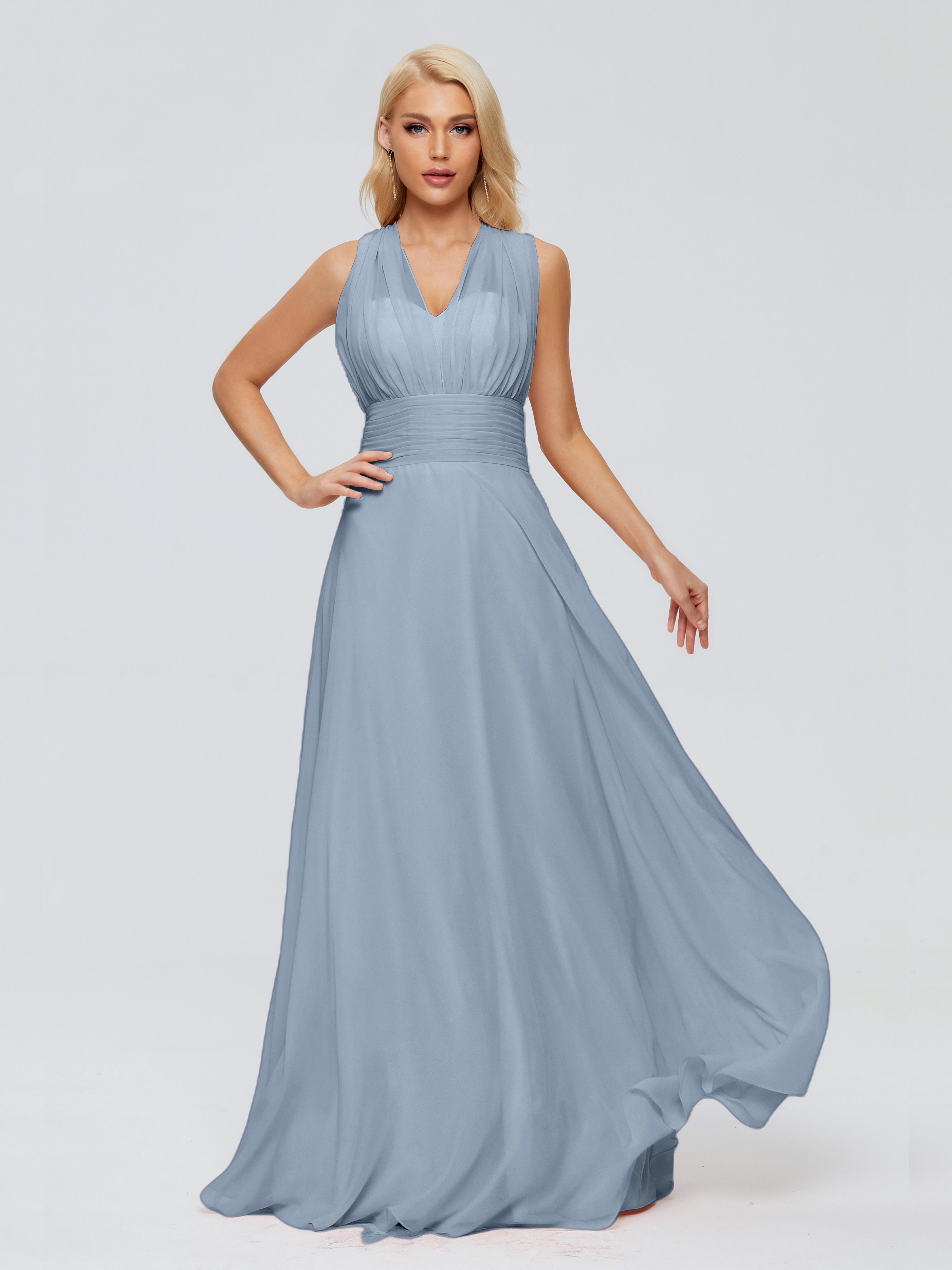 Robes De Demoiselle D'Honneur Bleu Poussiéreux Trapèze Bretelle Ruban Mousseline Robes Demoiselle D'Honneur