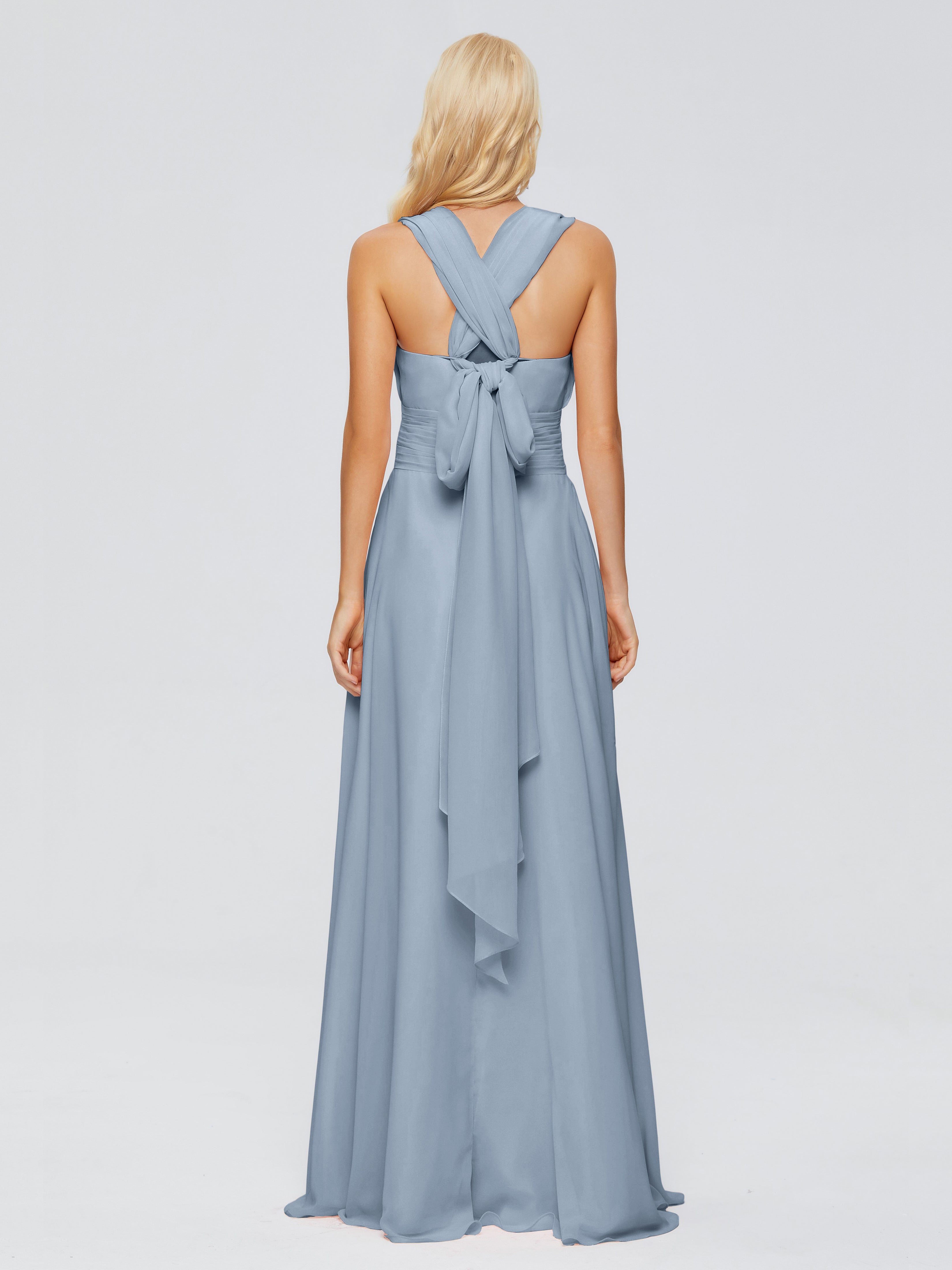 Robes De Demoiselle D'Honneur Bleu Poussiéreux Trapèze Bretelle Ruban Mousseline Robes Demoiselle D'Honneur