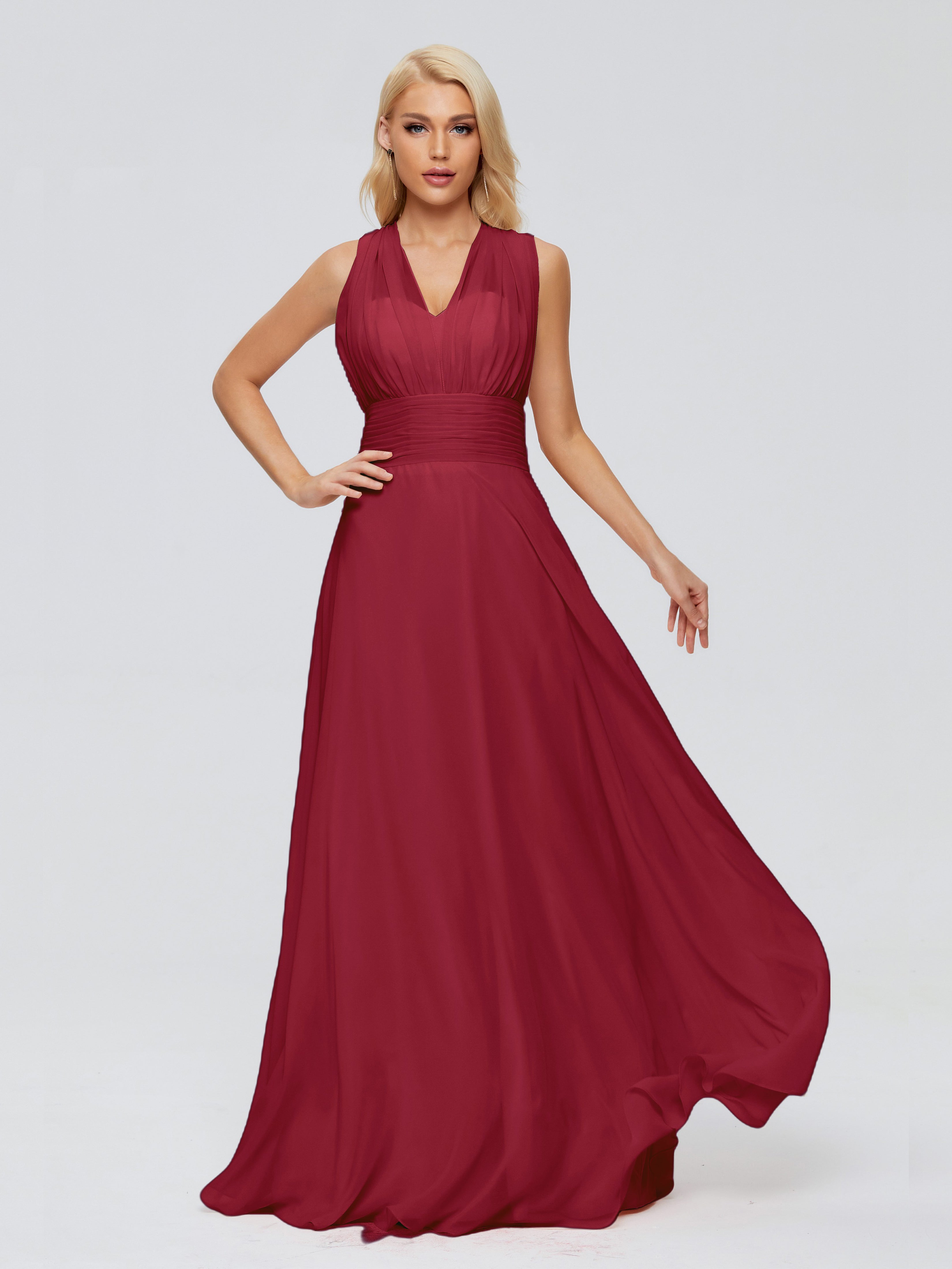 Robes De Demoiselle D'Honneur Bordeaux Longues Trapèze Bretelle Ruban Mousseline Robes Demoiselle D'Honneur