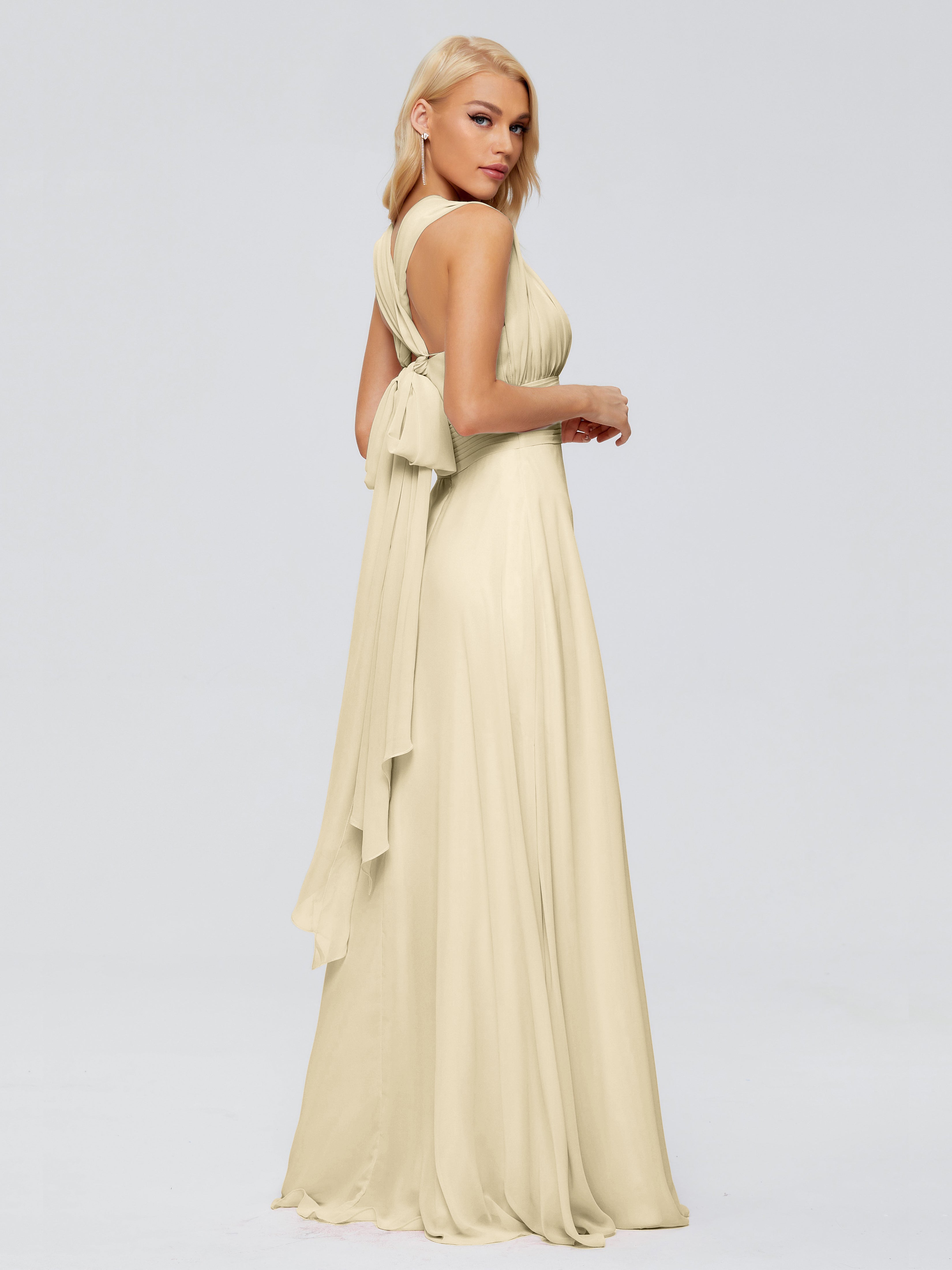 Robe De Demoiselle D'Honneur Champagne Trapèze Bretelle Ruban Mousseline Robes Demoiselle D'Honneur