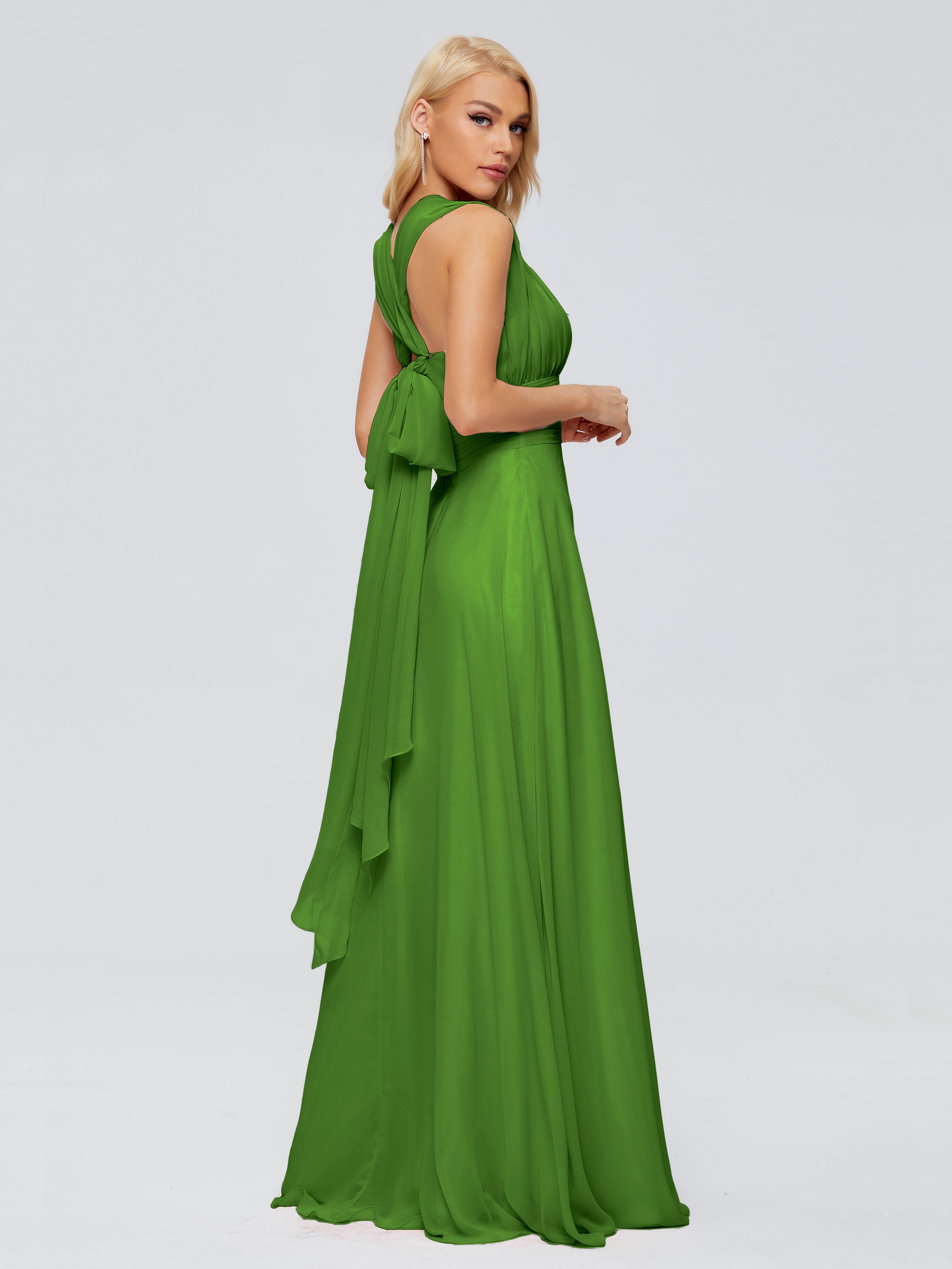 Robes De Demoiselle D'Honneur Vert Mousse Trapèze Bretelle Ruban Mousseline Robes Demoiselle D'Honneur