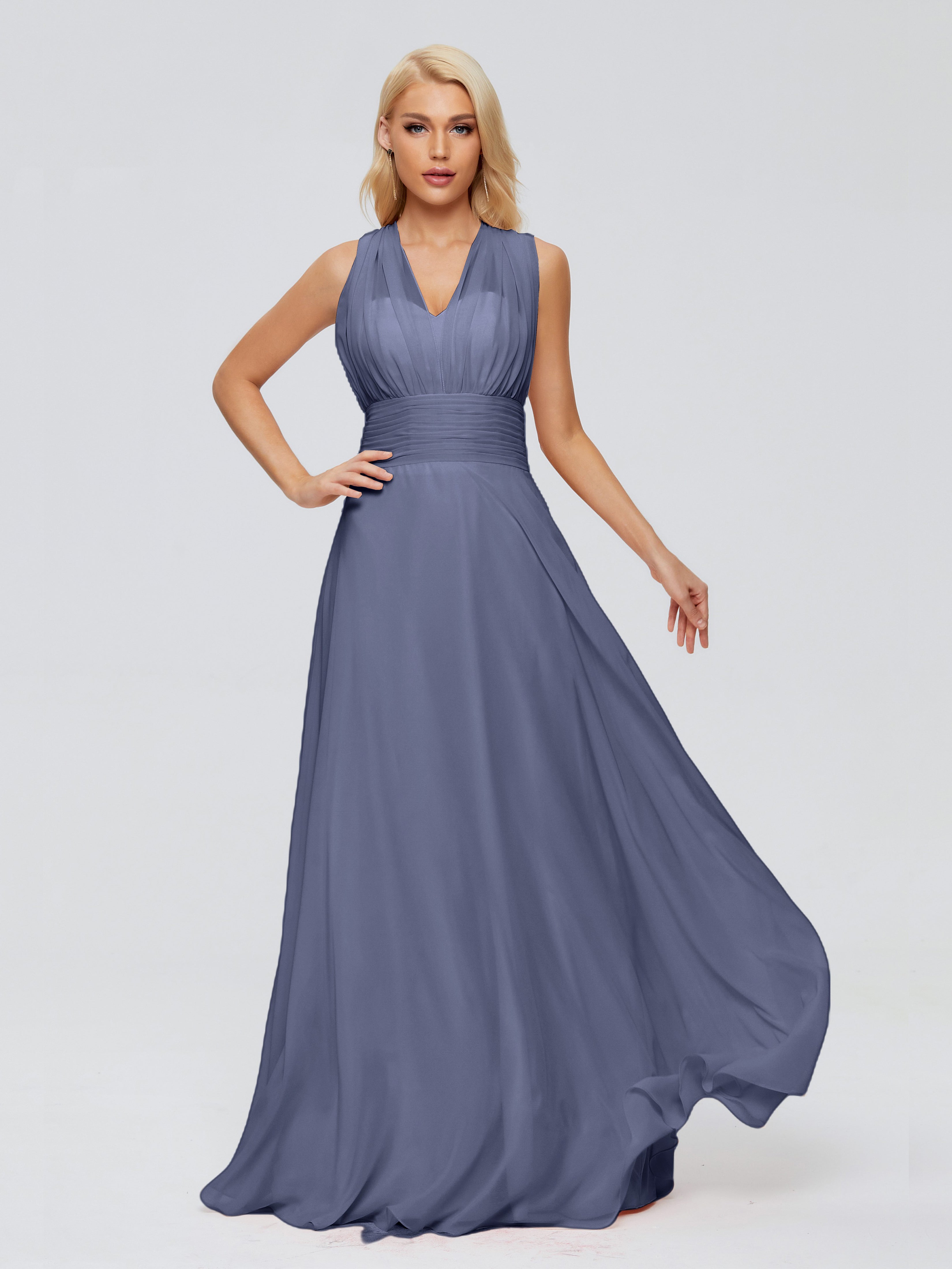 Robes De Demoiselle D'Honneur Bleu Orageux Trapèze Bretelle Ruban Mousseline Robes Demoiselle D'Honneur