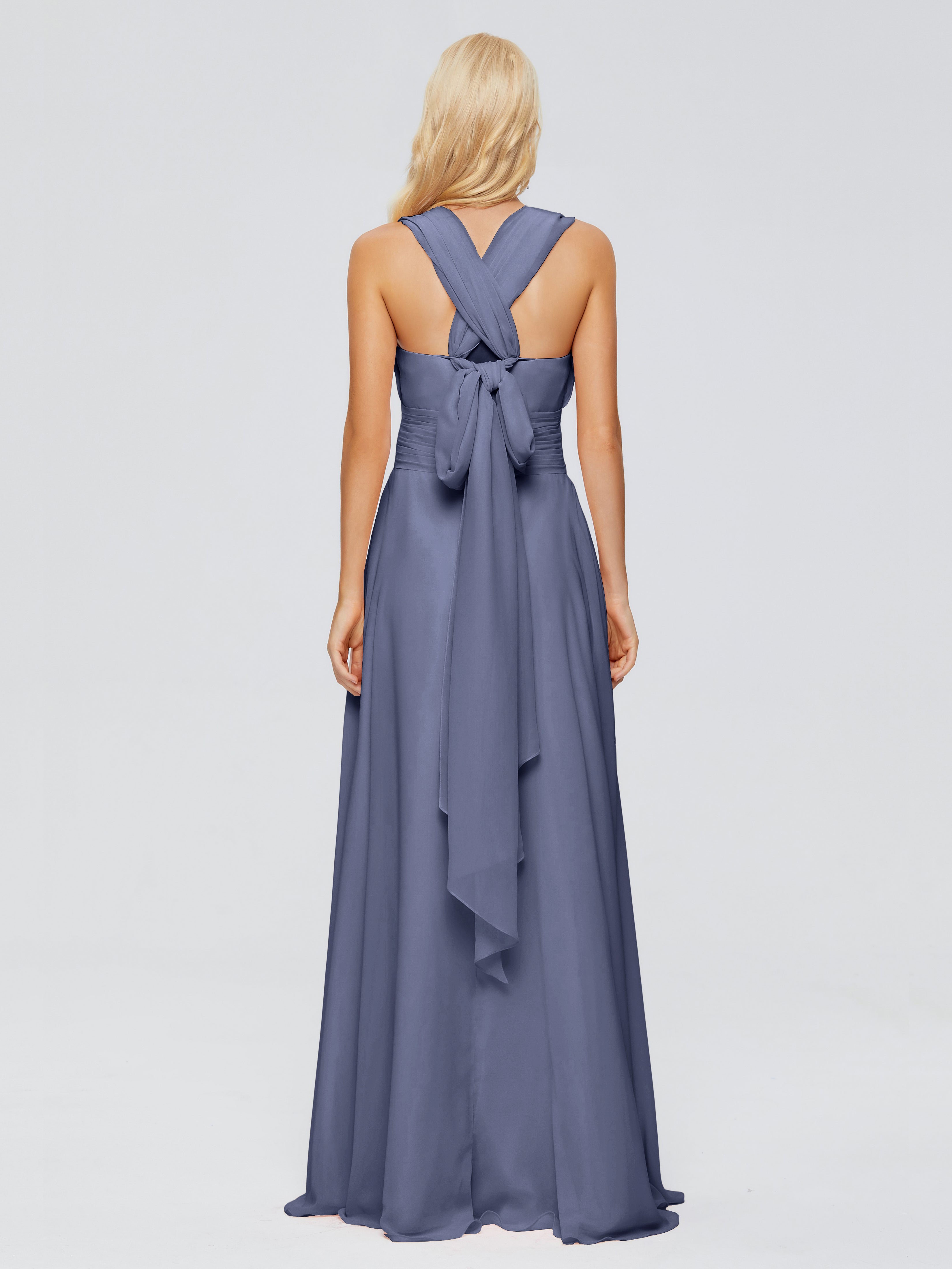 Robes De Demoiselle D'Honneur Bleu Orageux Trapèze Bretelle Ruban Mousseline Robes Demoiselle D'Honneur