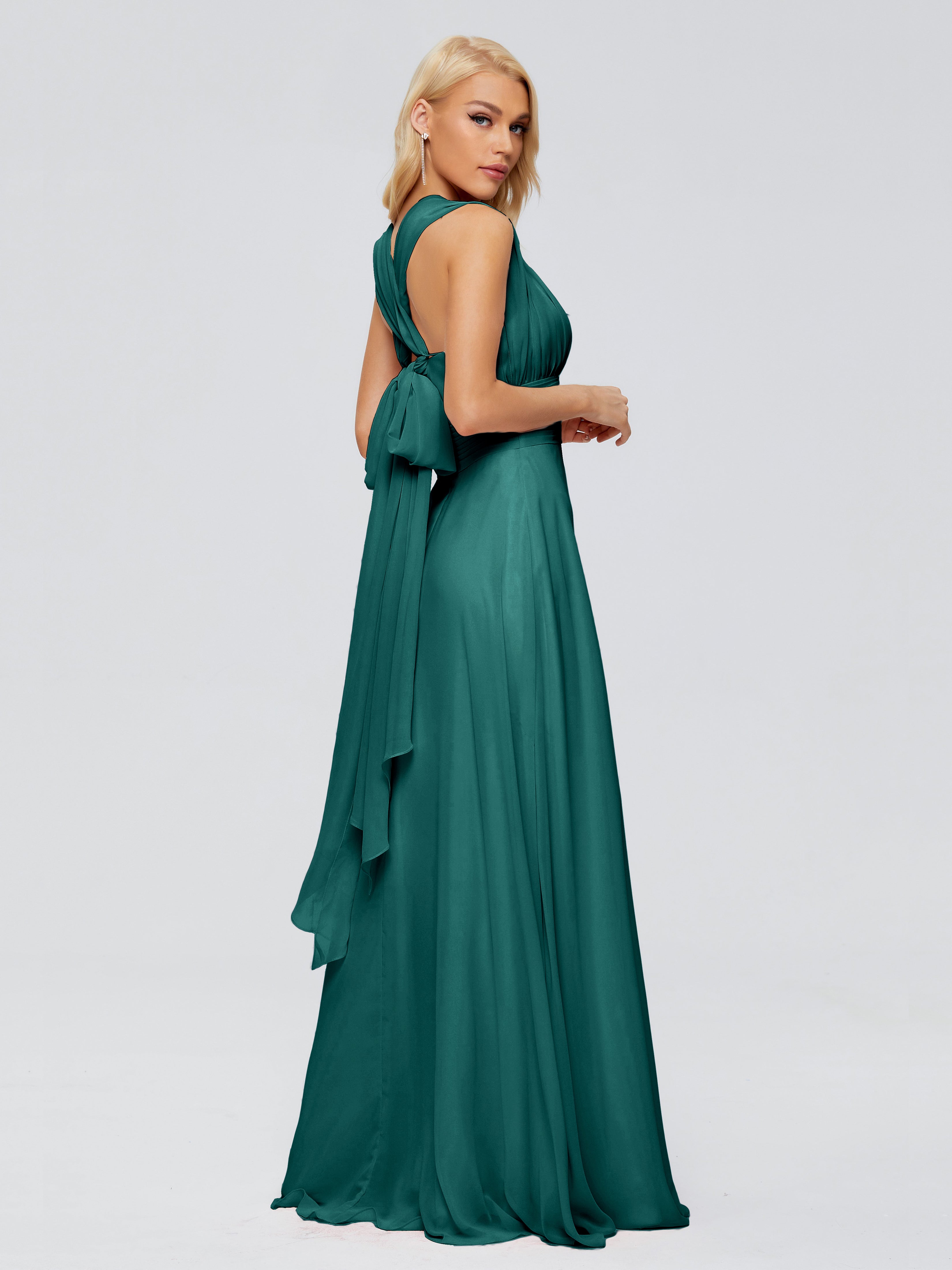 Robes De Demoiselle D'Honneur Bleu Paon Trapèze Bretelle Ruban Mousseline Robes Demoiselle D'Honneur