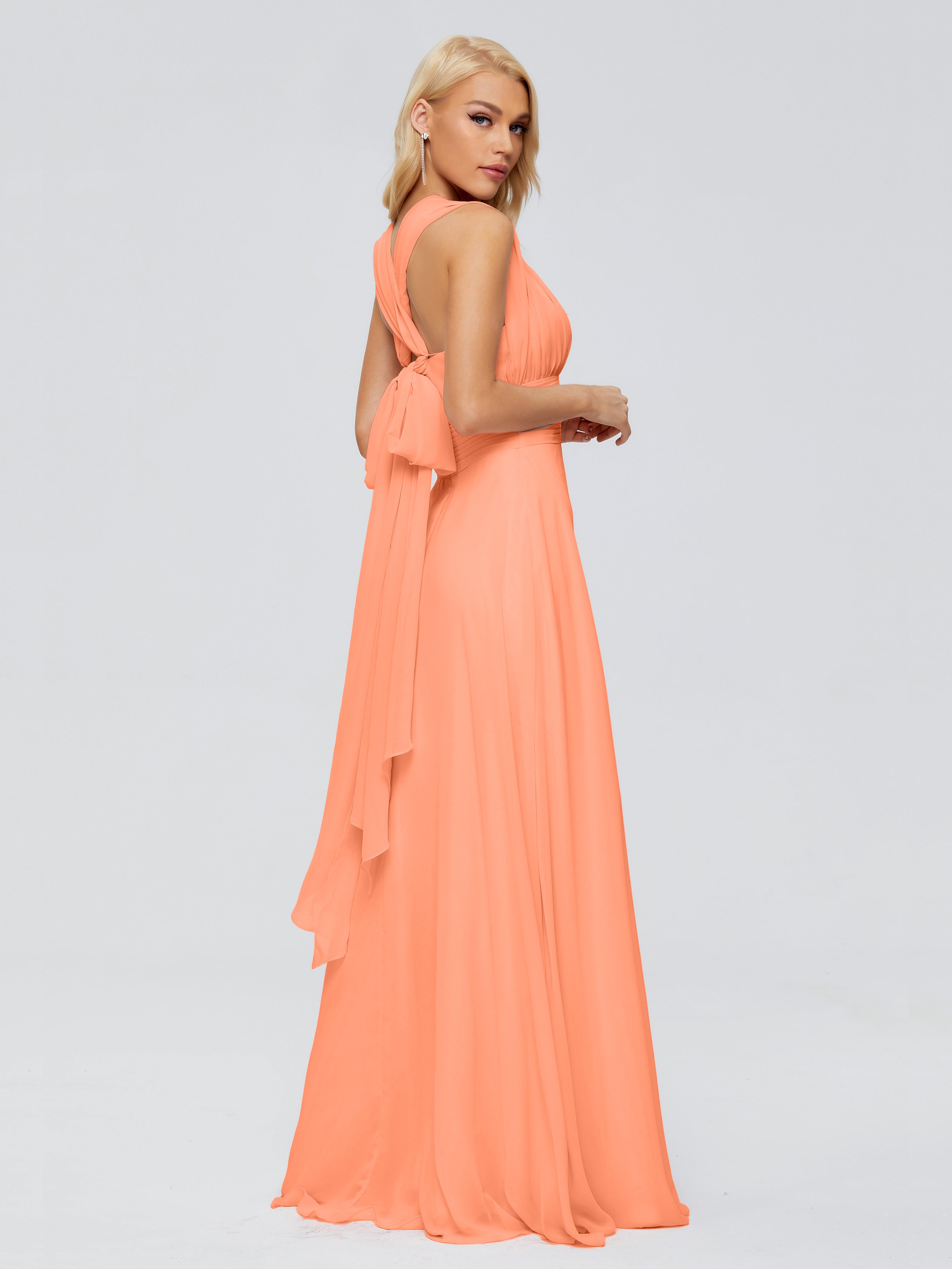 Robes De Demoiselle D'Honneur Papaye Trapèze Bretelle Ruban Mousseline Robes Demoiselle D'Honneur