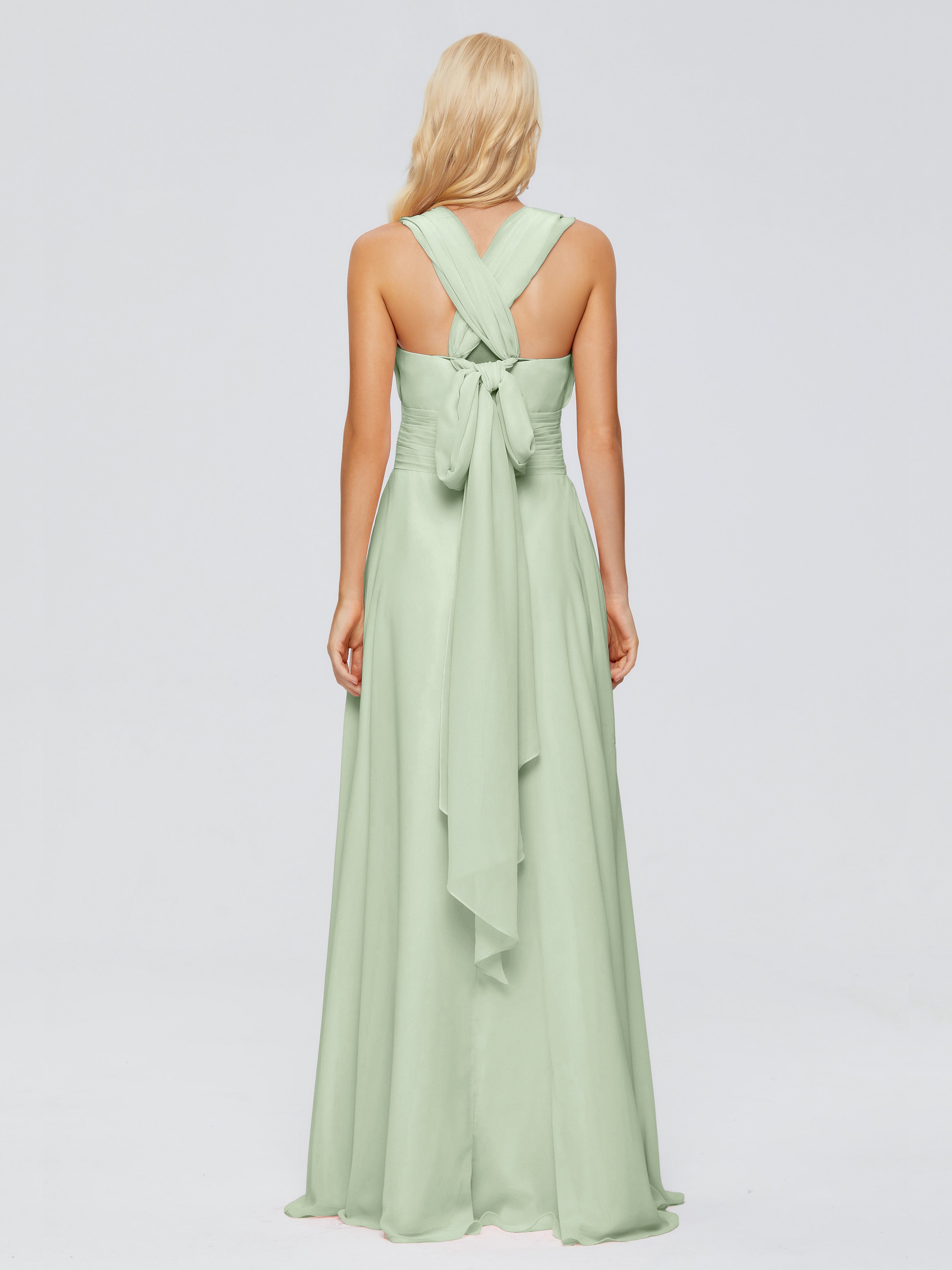 Robe Demoiselle D Honneur Sauge Poudré Trapèze Bretelle Ruban Mousseline Robes Demoiselle D'Honneur